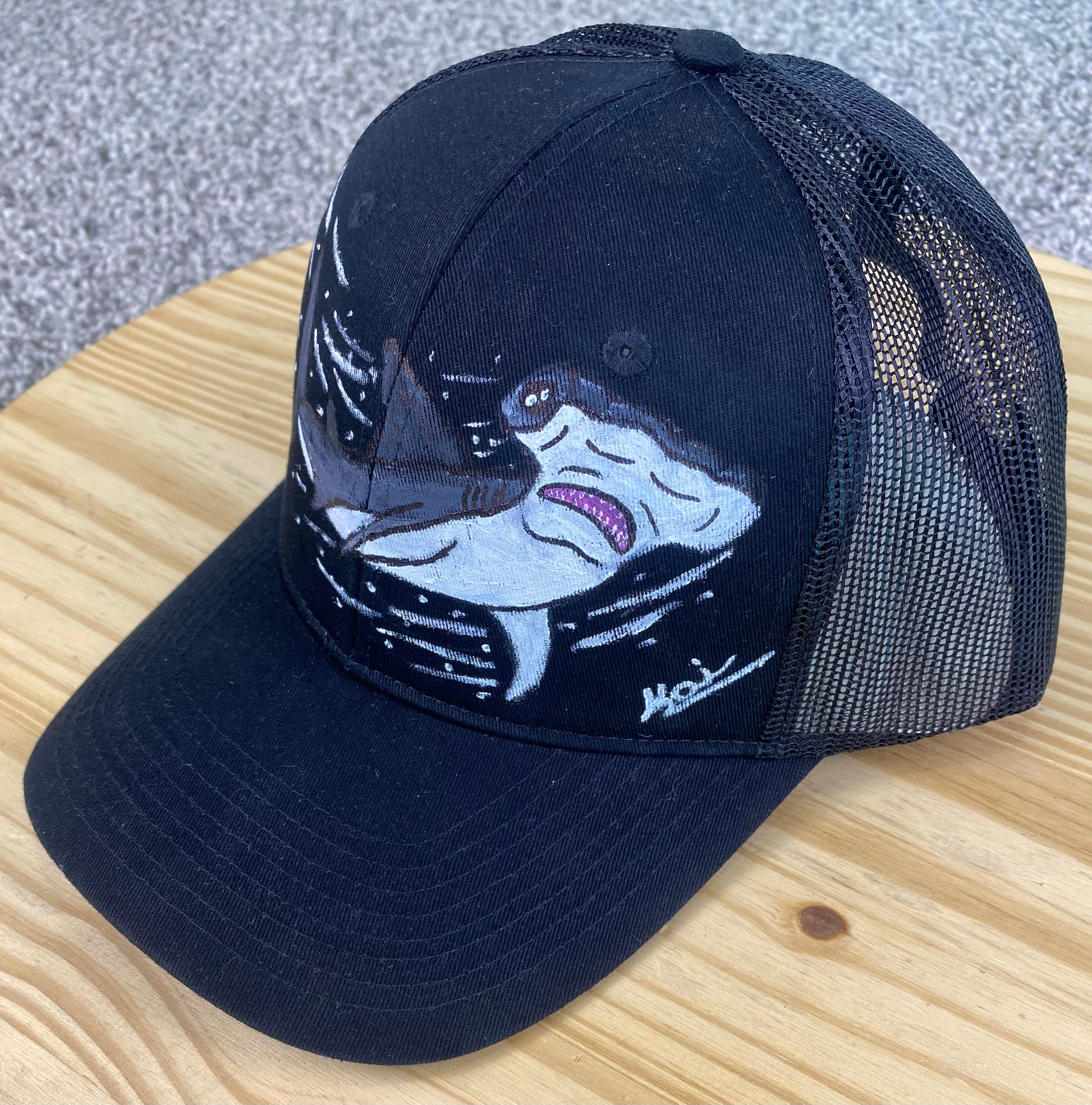 Hammer Head Shark Hat, Black, Original Hand Painted, Snapback