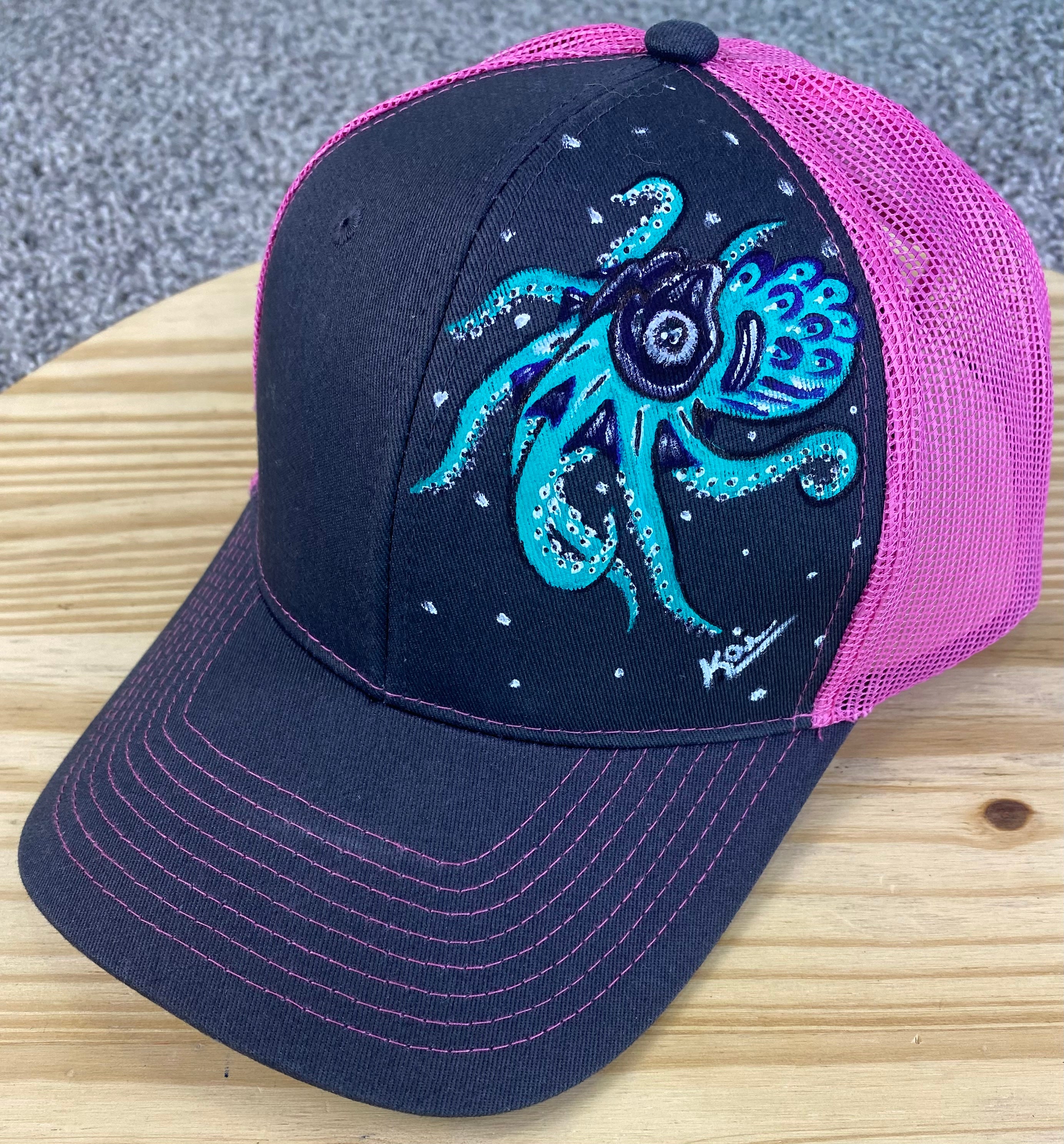 Little Blue Octopus Hat, Gray and Pink, Original Hand Painted, Snapback