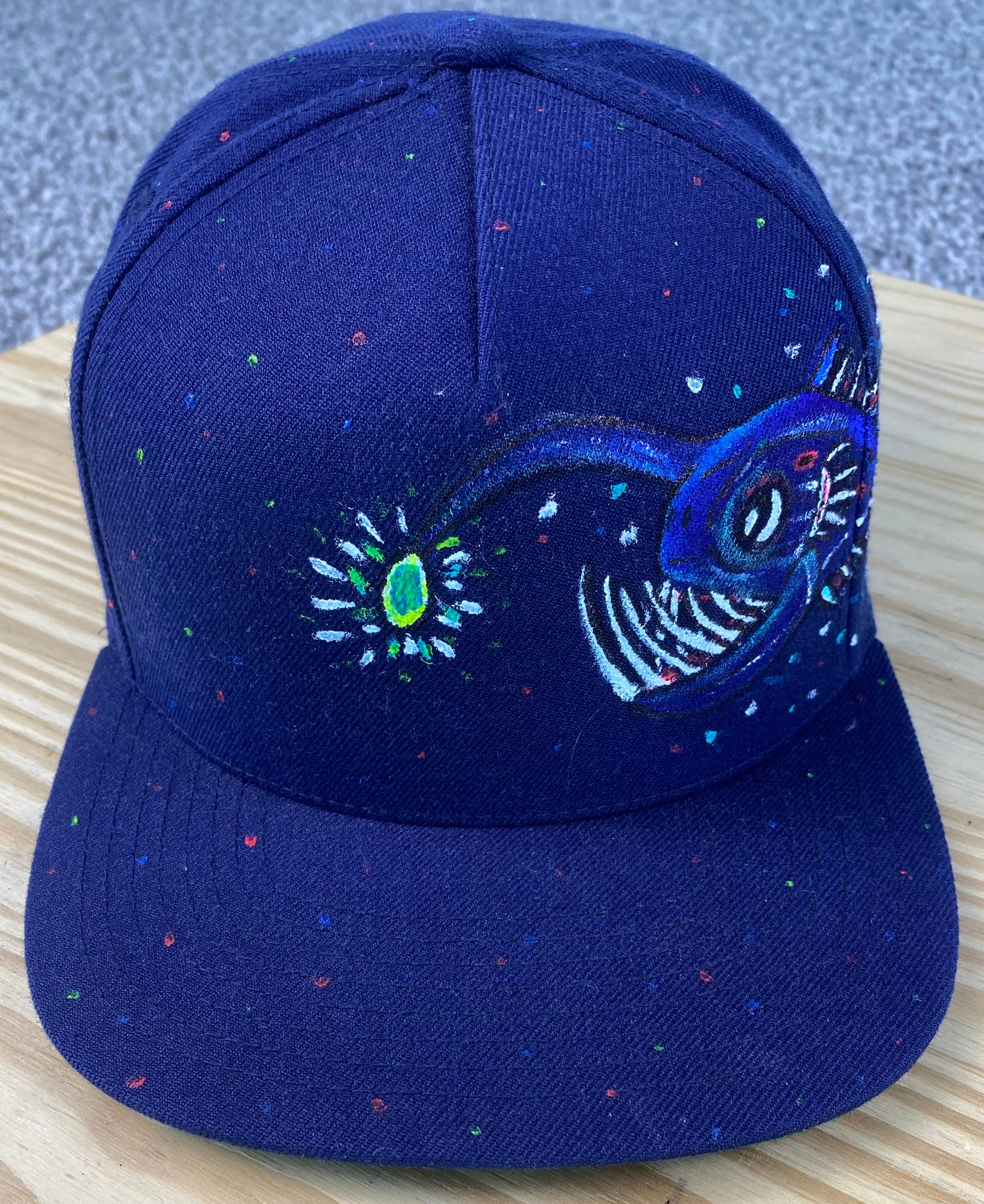 Anglerfish Hat, Navy, Original Hand Painted, Snapback
