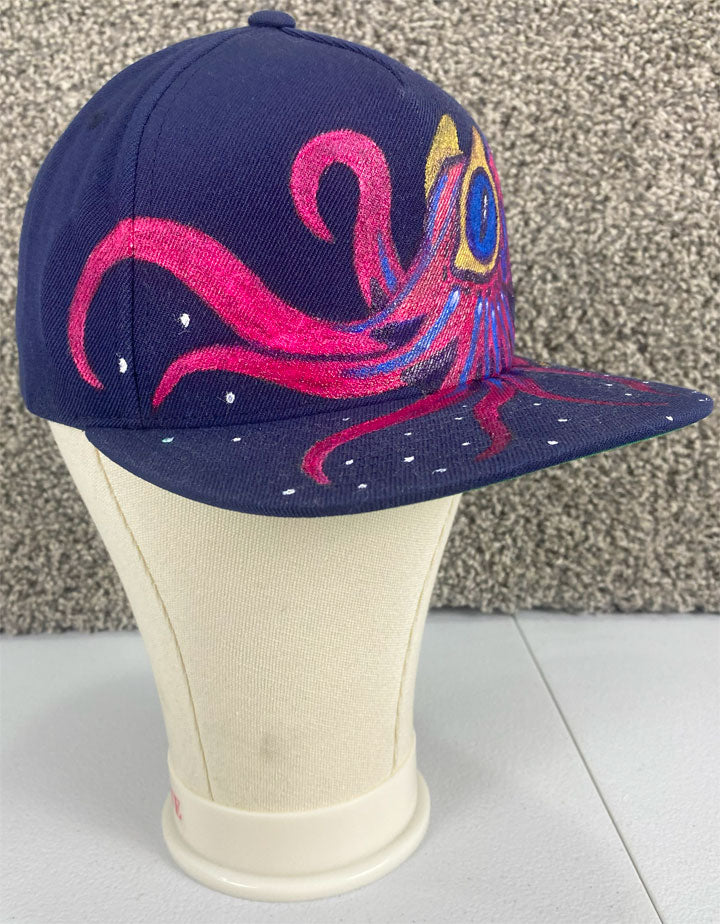 SOLD Pink & Gold Octopus Hat, Navy Blue, Original Hand Painted, Snapback