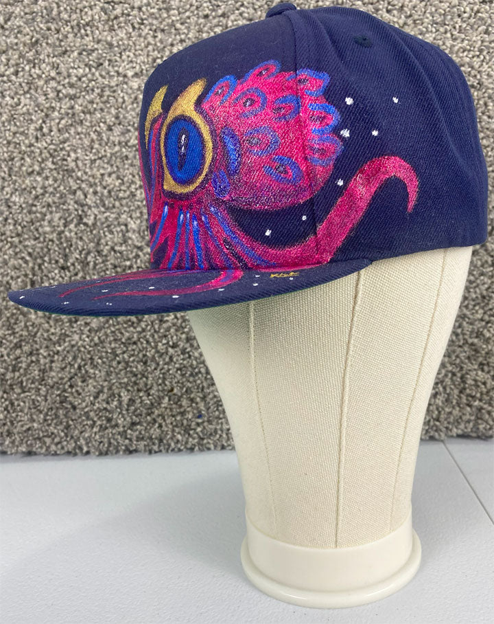 SOLD Pink & Gold Octopus Hat, Navy Blue, Original Hand Painted, Snapback