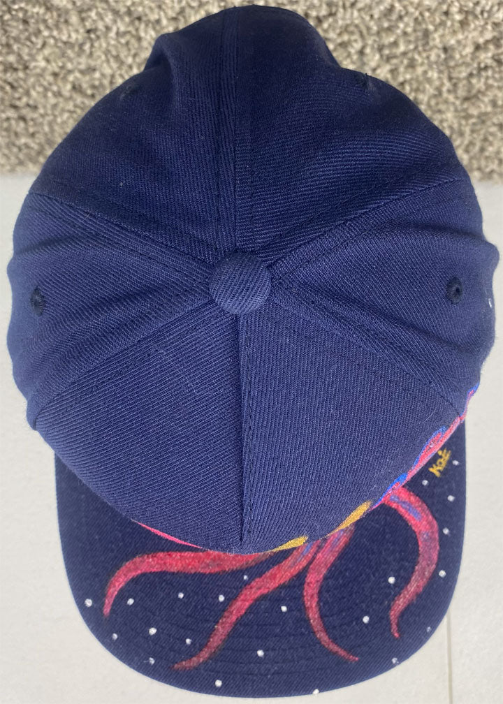 SOLD Pink & Gold Octopus Hat, Navy Blue, Original Hand Painted, Snapback