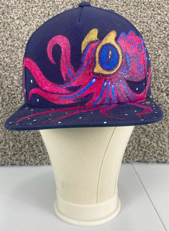 SOLD Pink & Gold Octopus Hat, Navy Blue, Original Hand Painted, Snapback