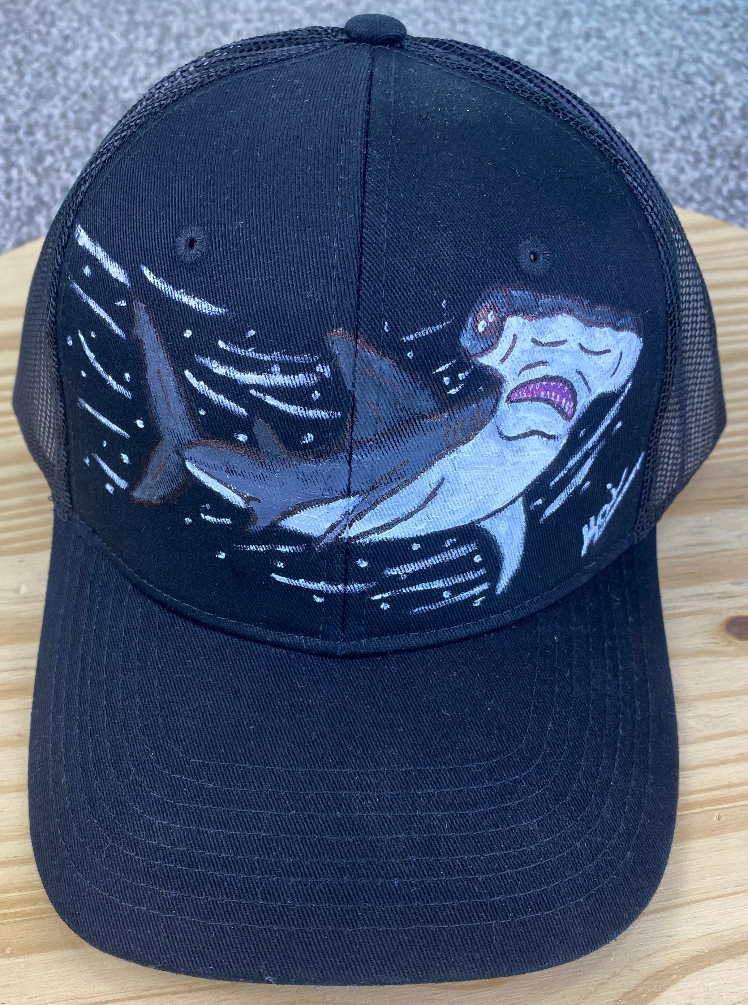 Hammer Head Shark Hat, Black, Original Hand Painted, Snapback