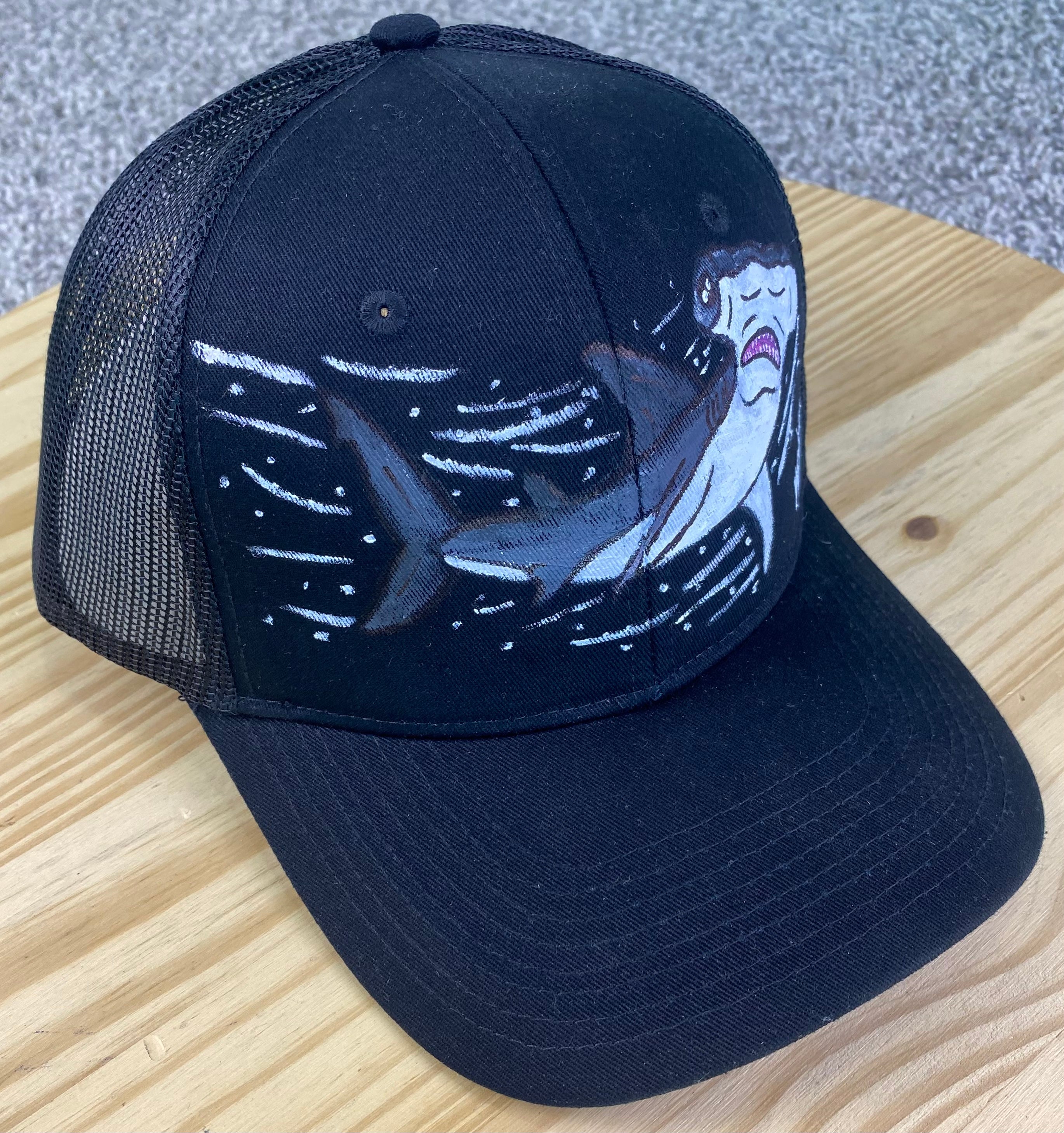 Hammer Head Shark Hat, Black, Original Hand Painted, Snapback