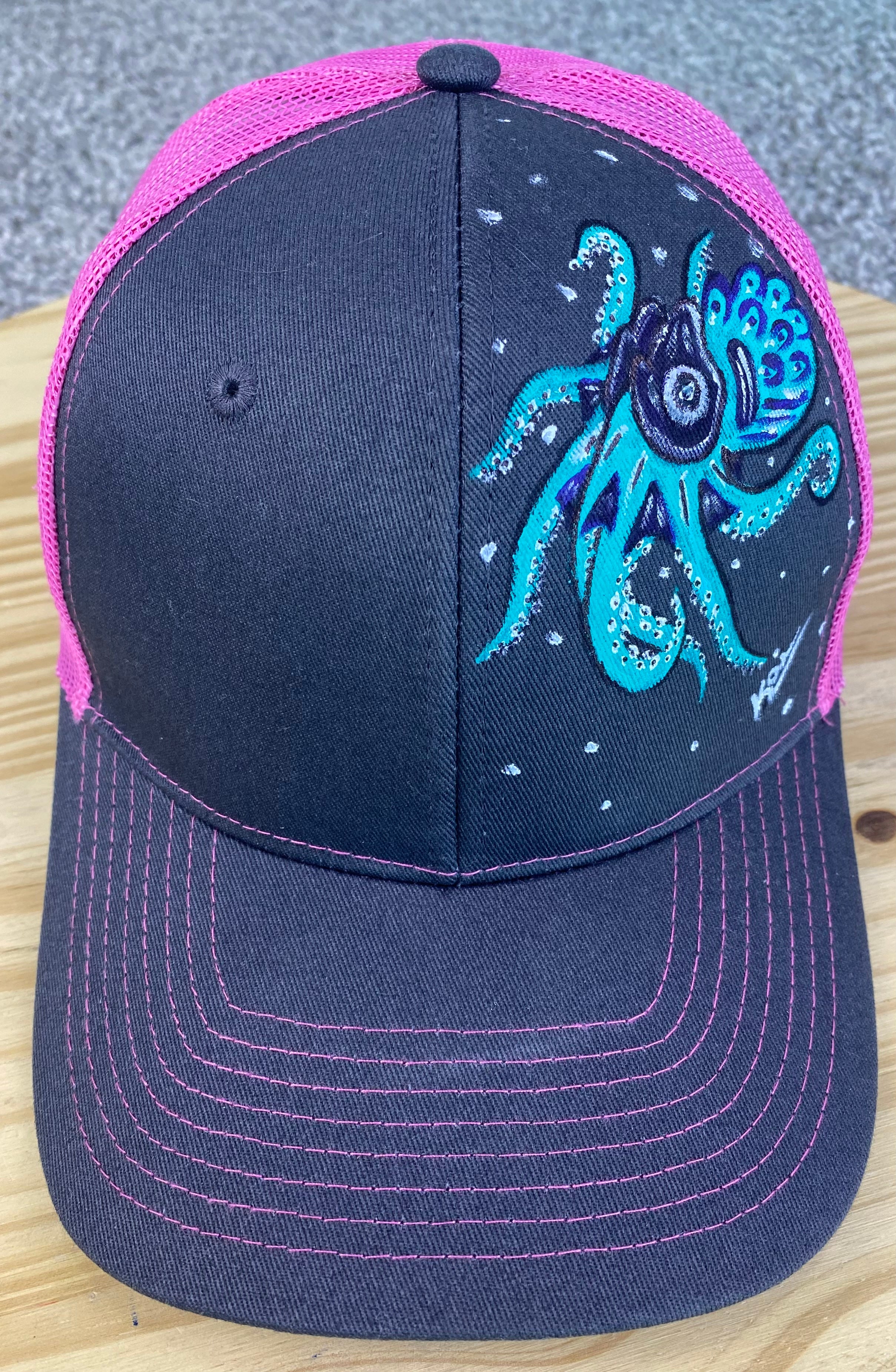 Little Blue Octopus Hat, Gray and Pink, Original Hand Painted, Snapback