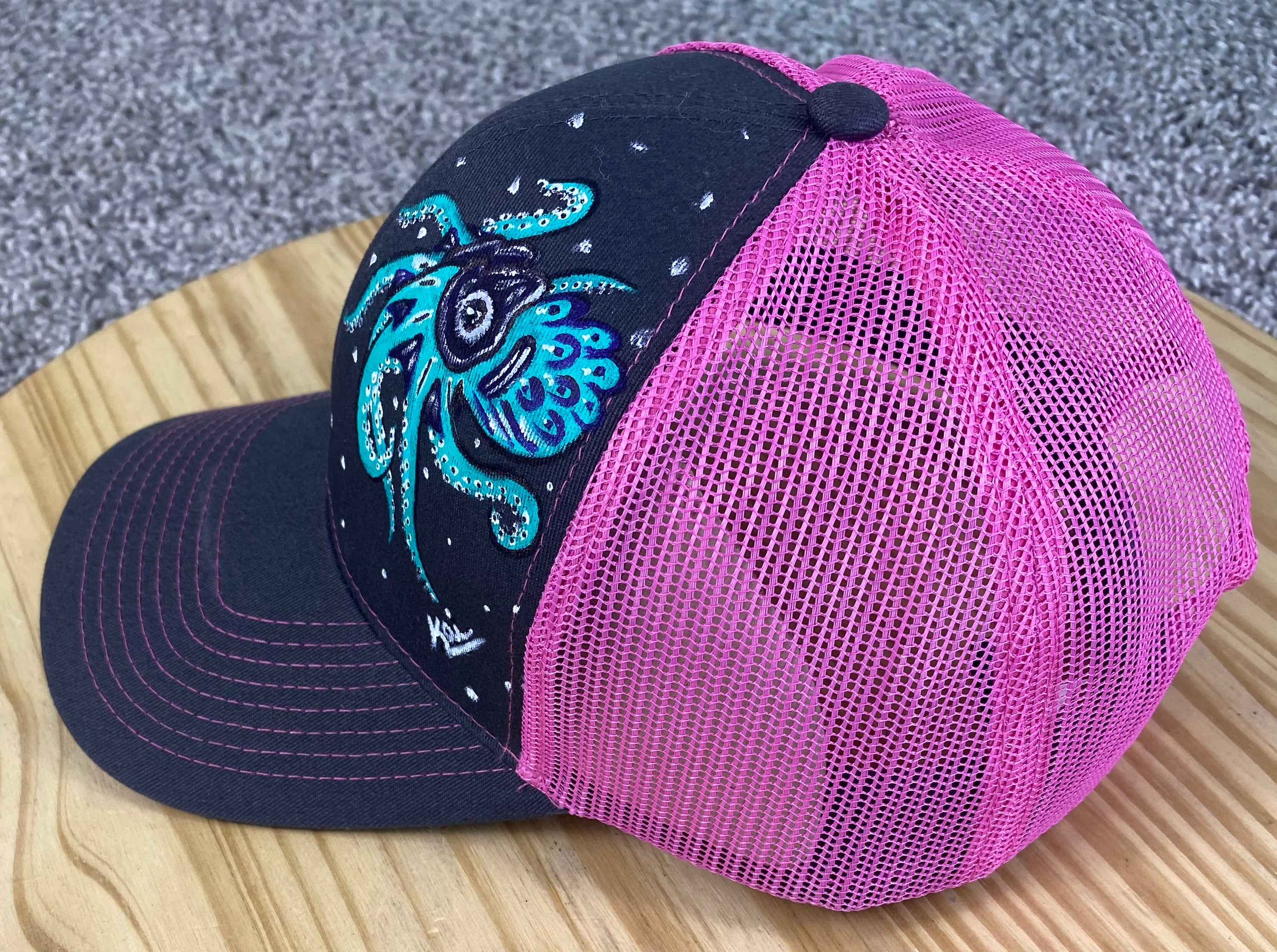 Little Blue Octopus Hat, Gray and Pink, Original Hand Painted, Snapback
