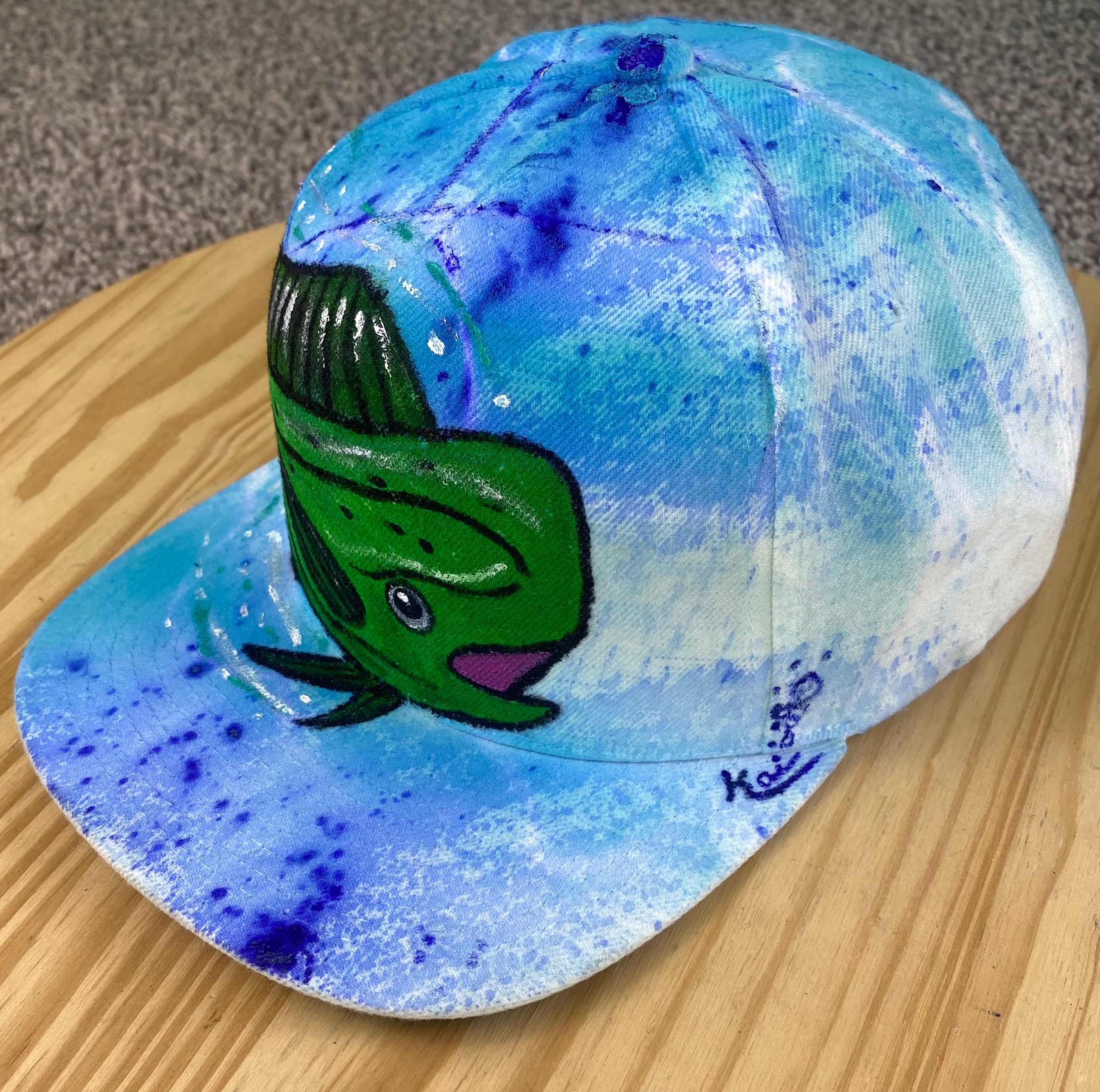Mahi mahi Hat, White Splatter, Original Hand Painted, Snapback