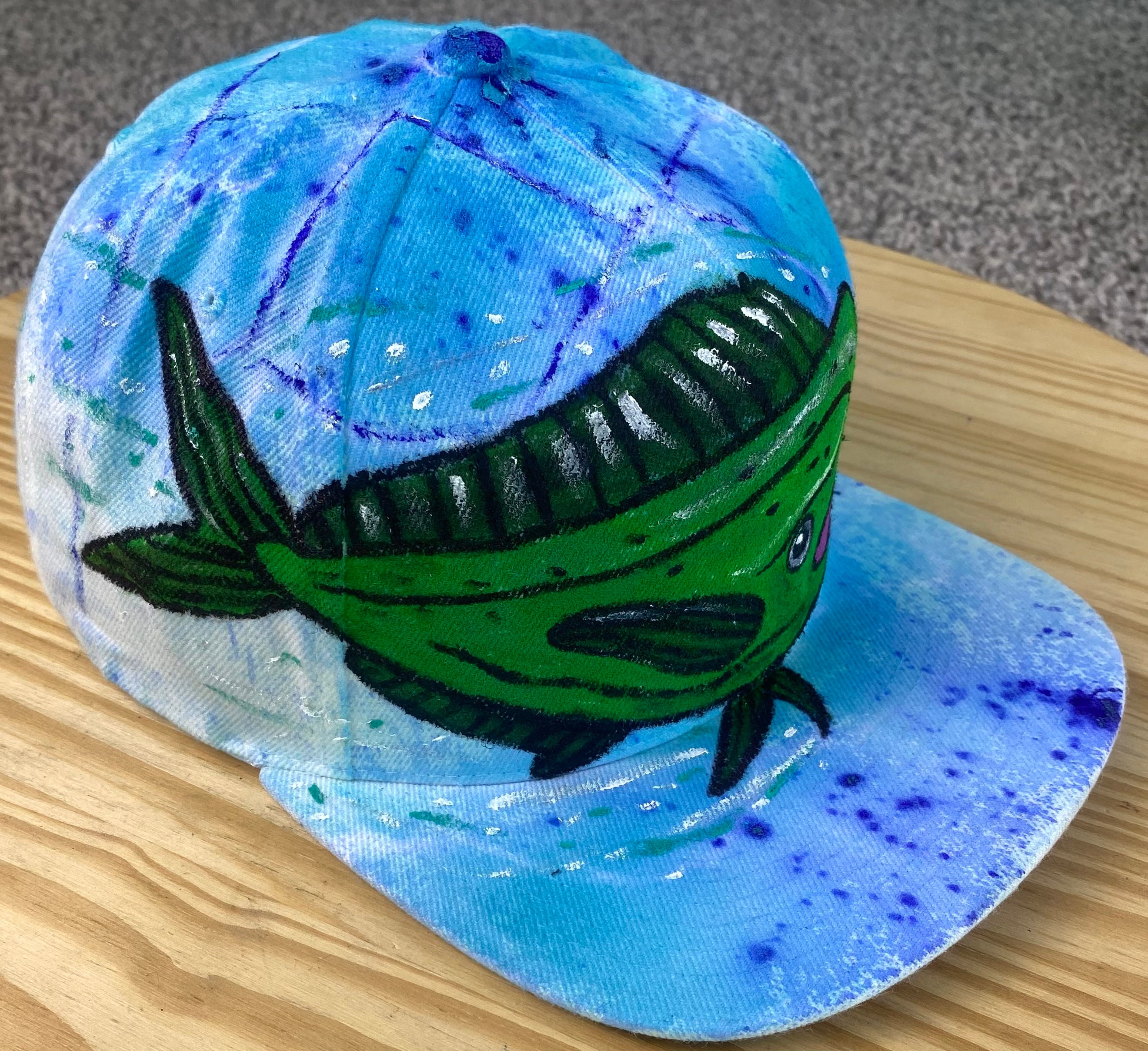 Mahi mahi Hat, White Splatter, Original Hand Painted, Snapback
