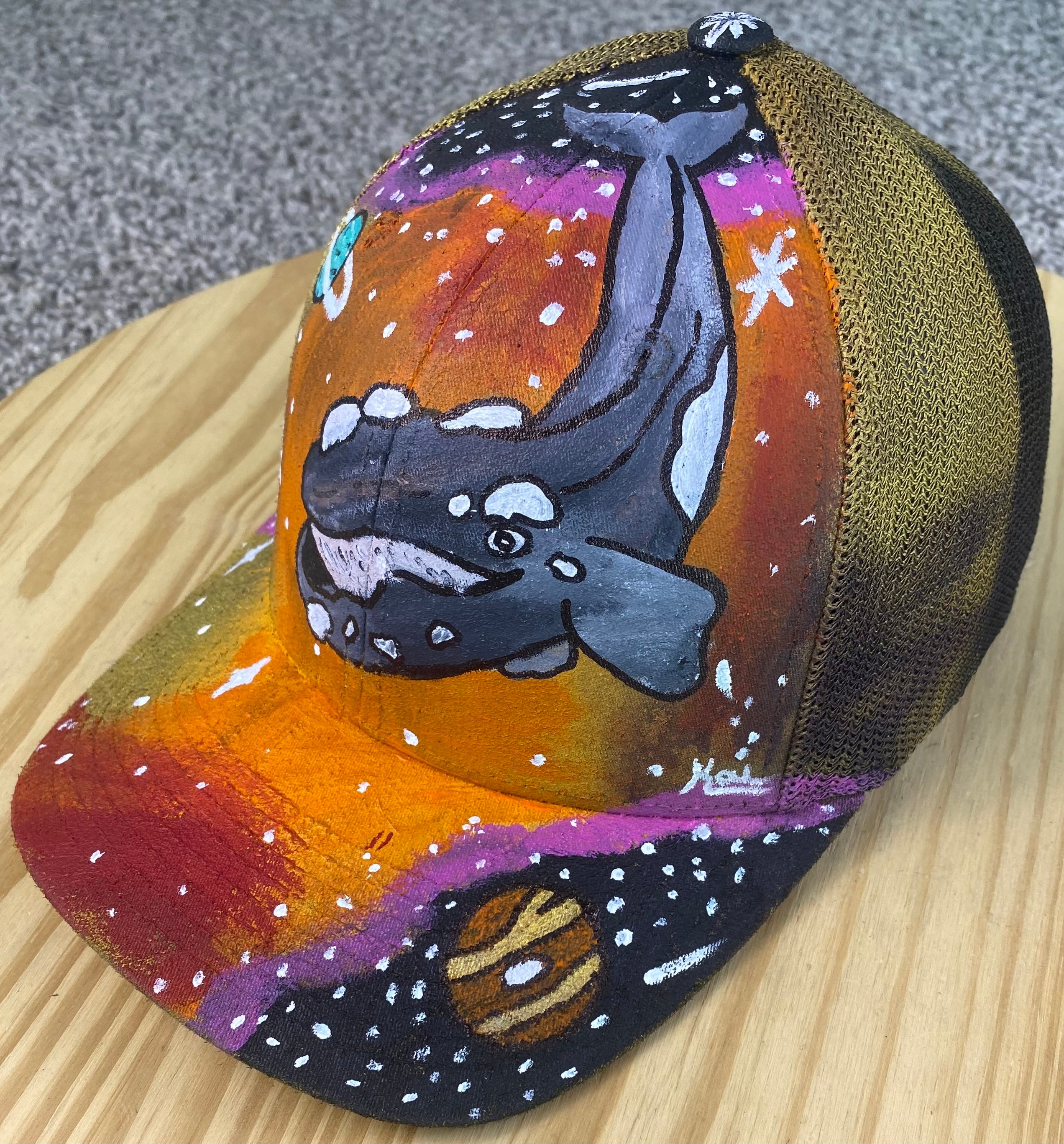 Right Whale Hat, White, Original Hand Painted, FlexFit