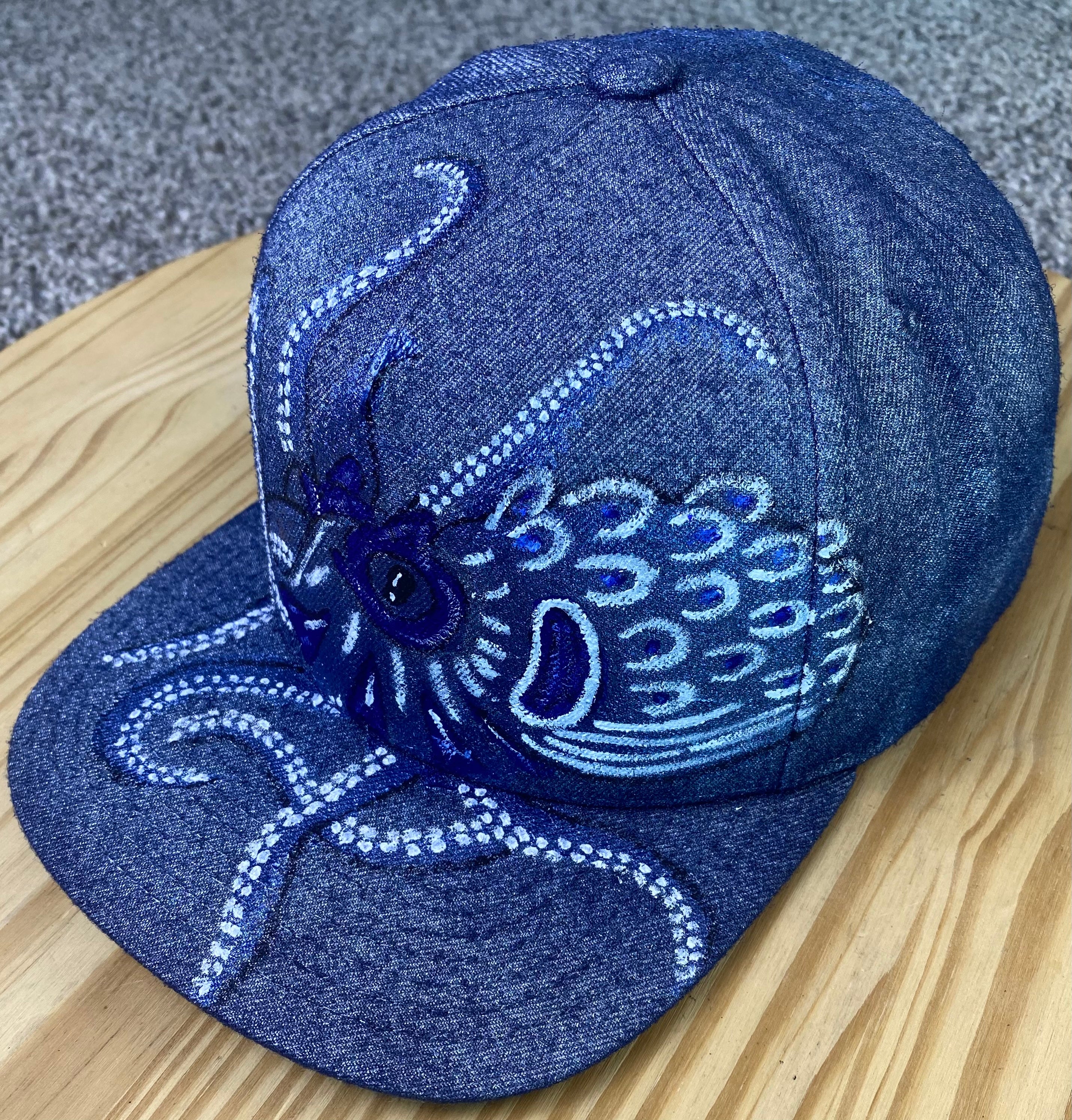 Blue Octopus Hat, Silver & Blue, Original Hand Painted, Snapback
