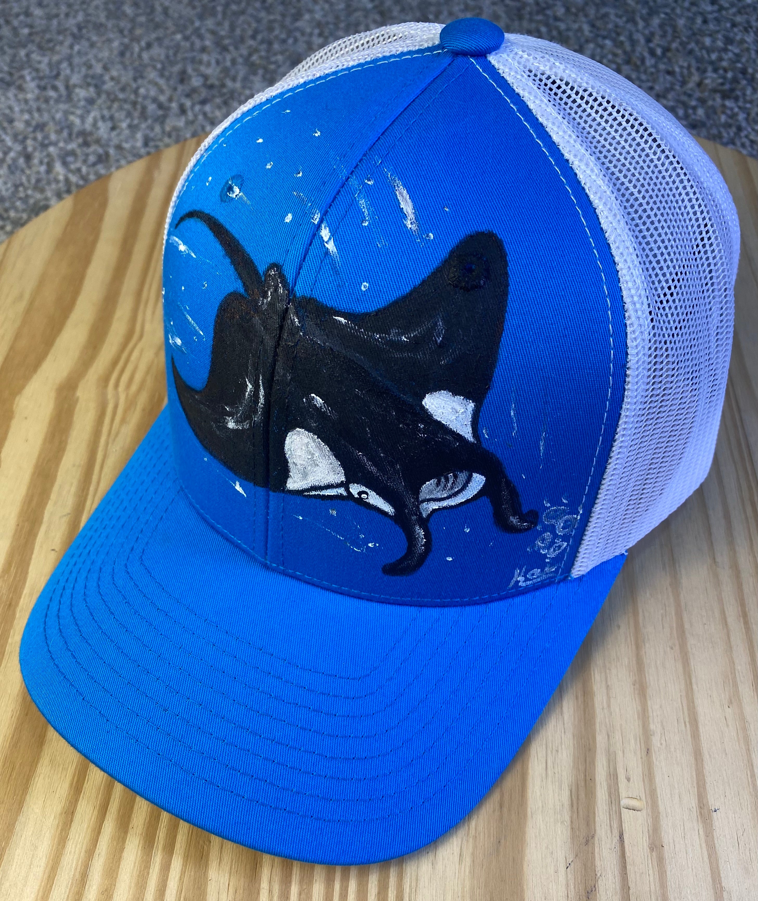 Manta Ray Hat, Gray and Pink, Original Hand Painted, Snapback