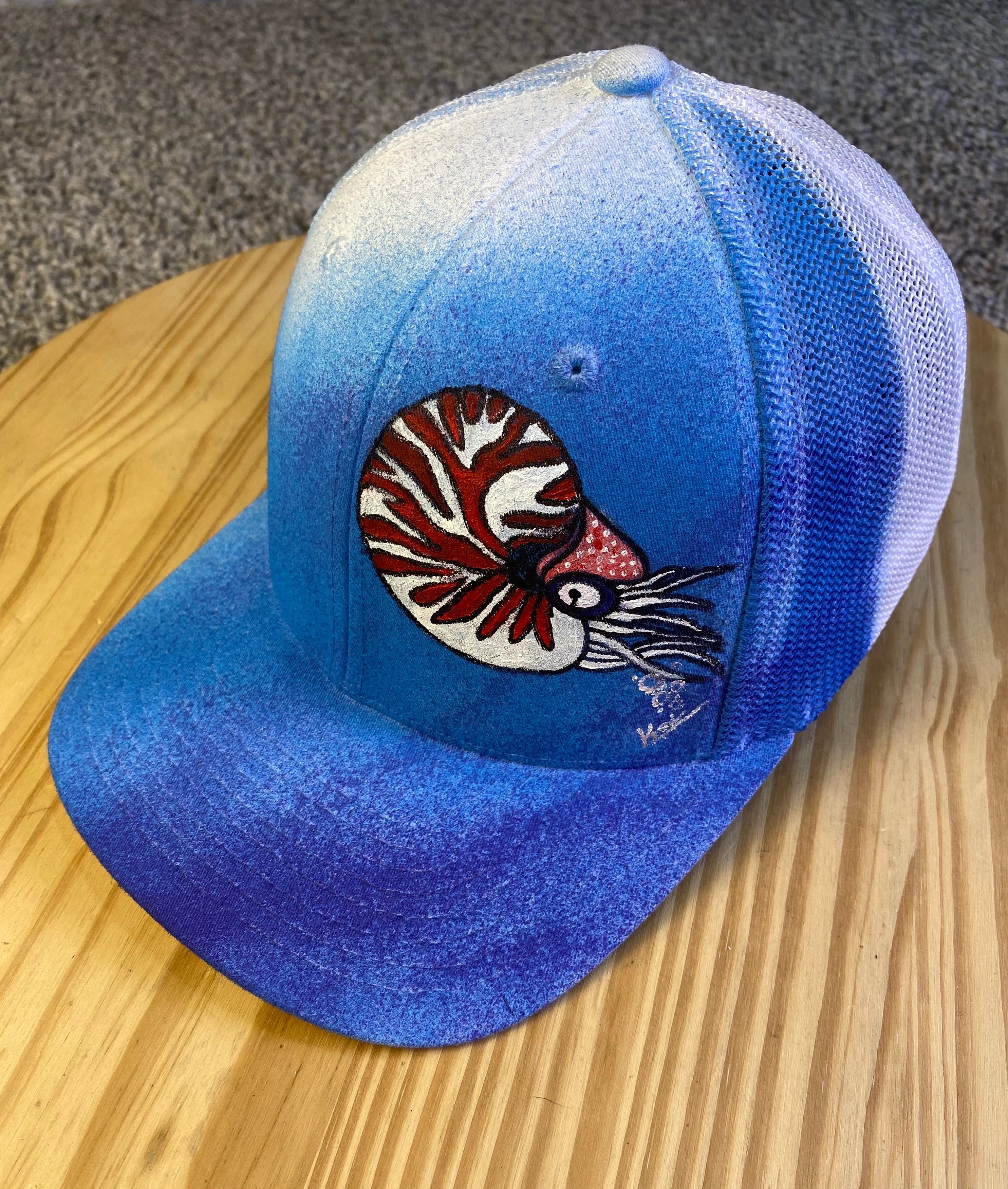 Nautilis Hat, White, Original Hand Painted, FlexFit
