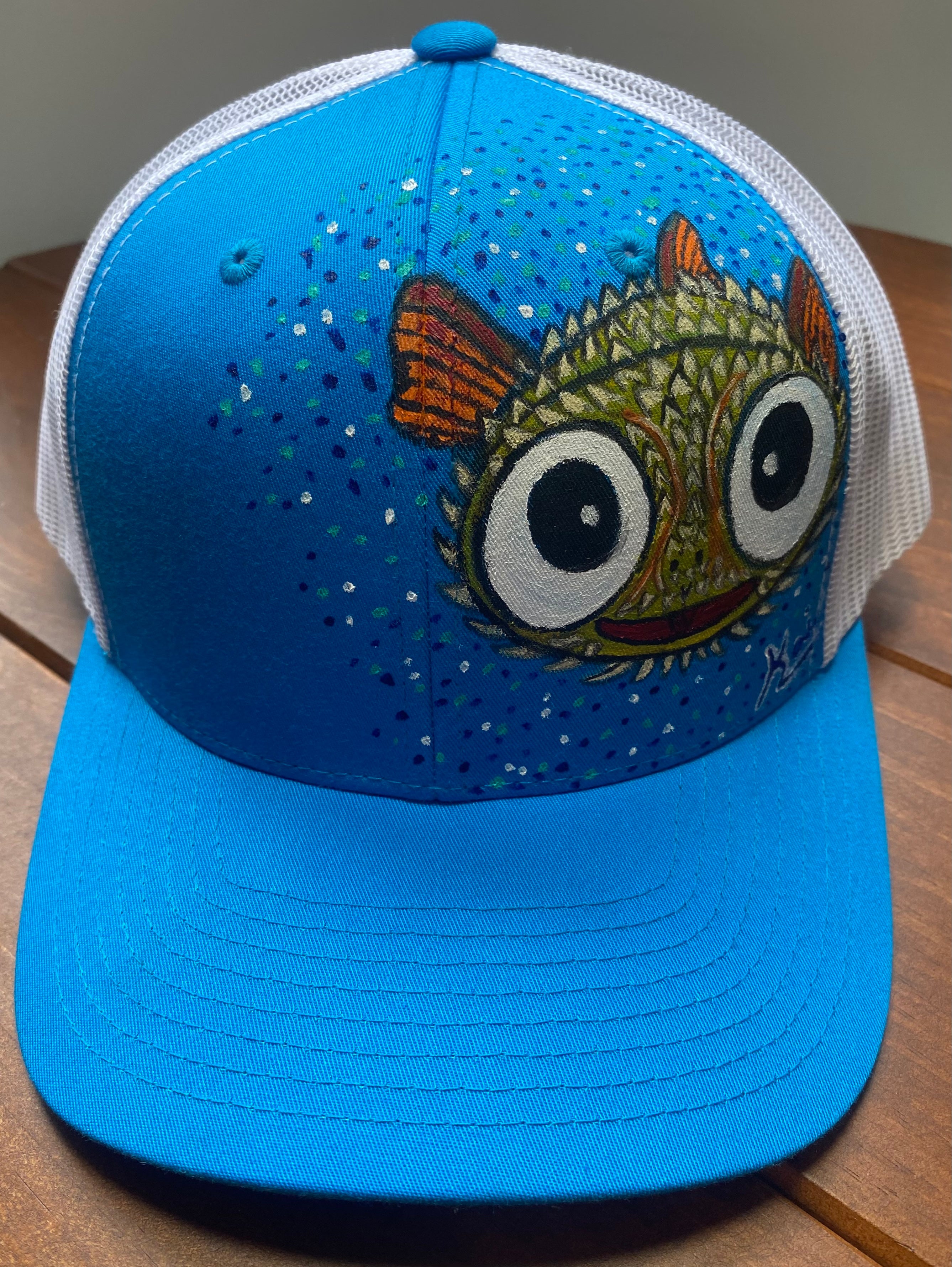 Puffer Fish Hat, blue, Original Hand Painted, Snapback