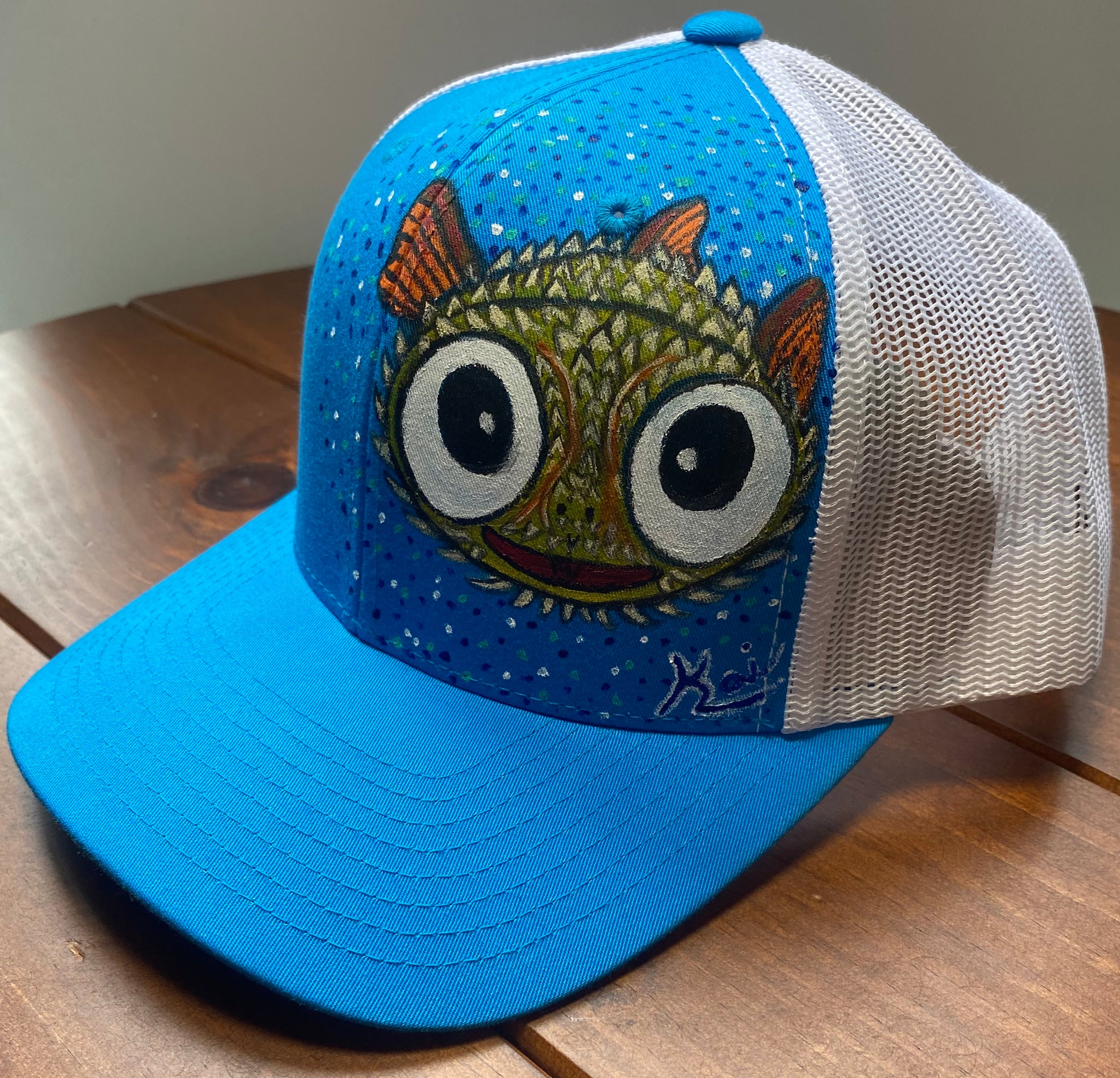 Puffer Fish Hat, blue, Original Hand Painted, Snapback