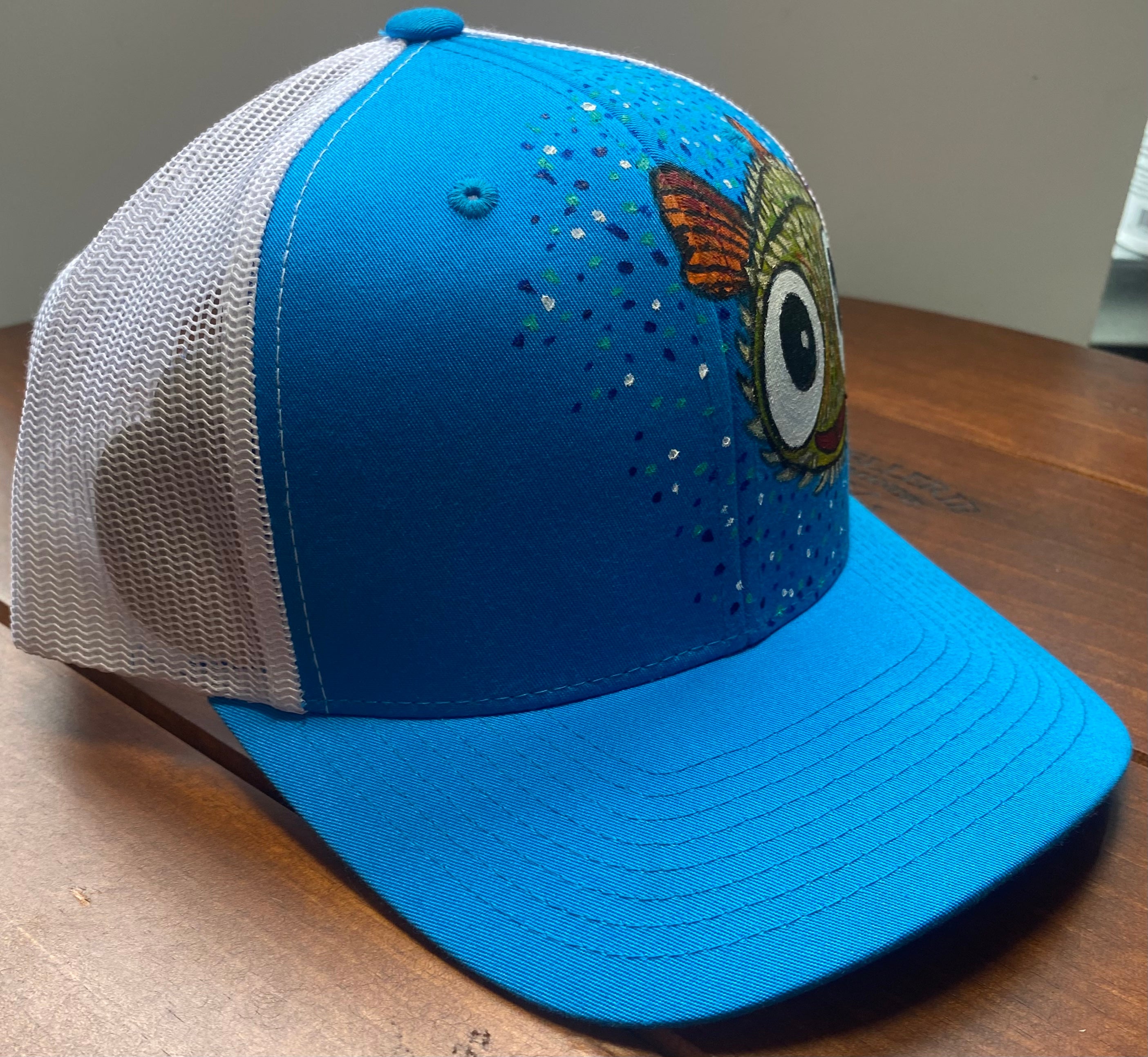 Puffer Fish Hat, blue, Original Hand Painted, Snapback