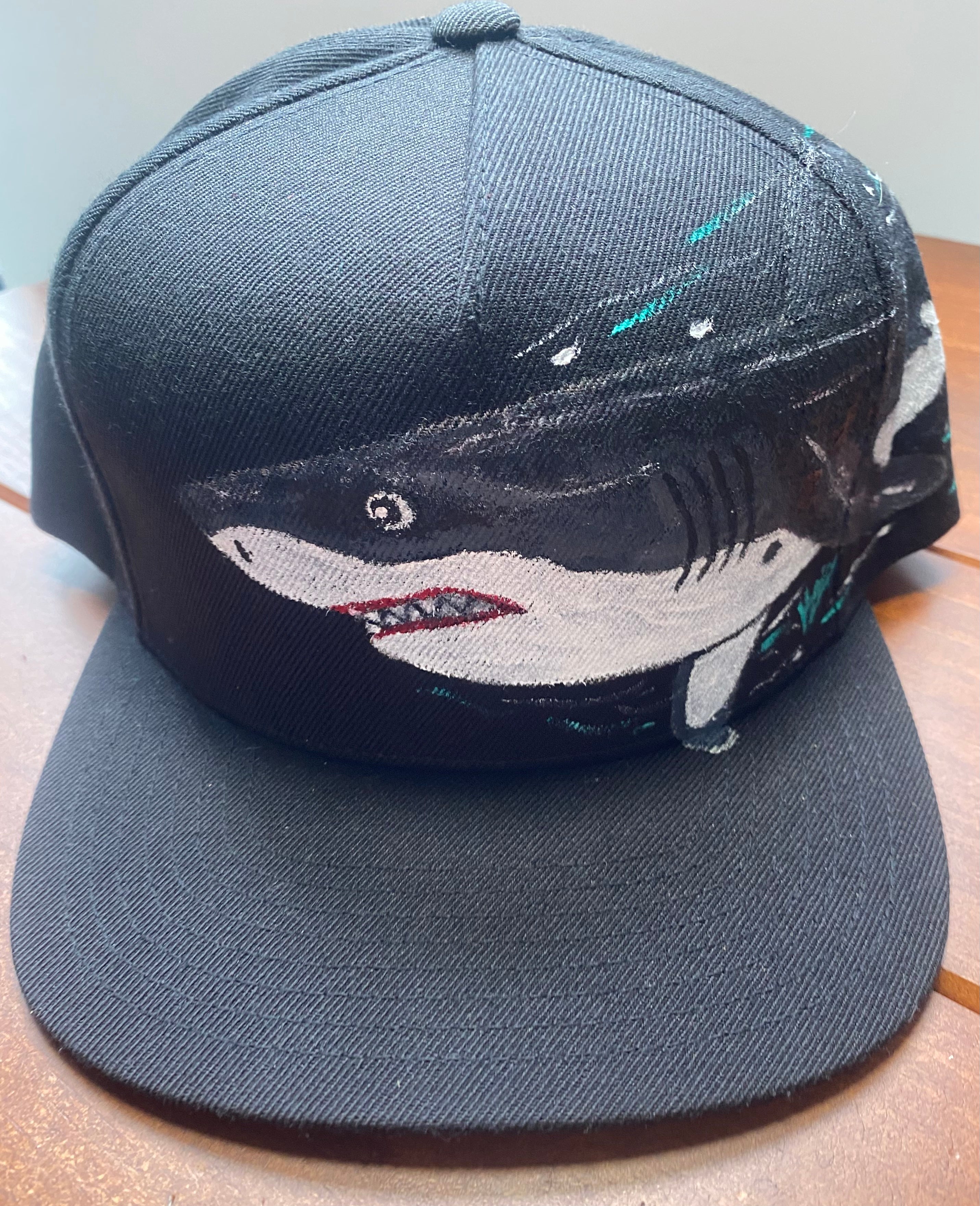 Great White Shark Hat, blue, Original Hand Painted, Snapback