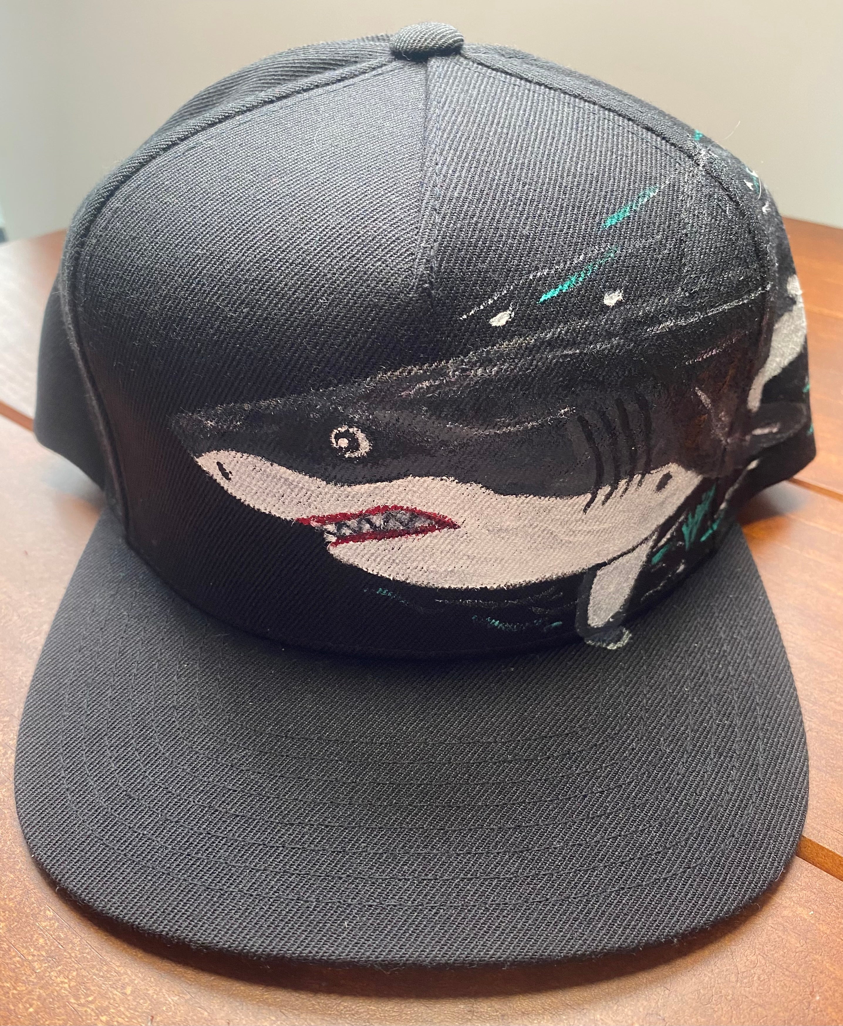 Great White Shark Hat, blue, Original Hand Painted, Snapback