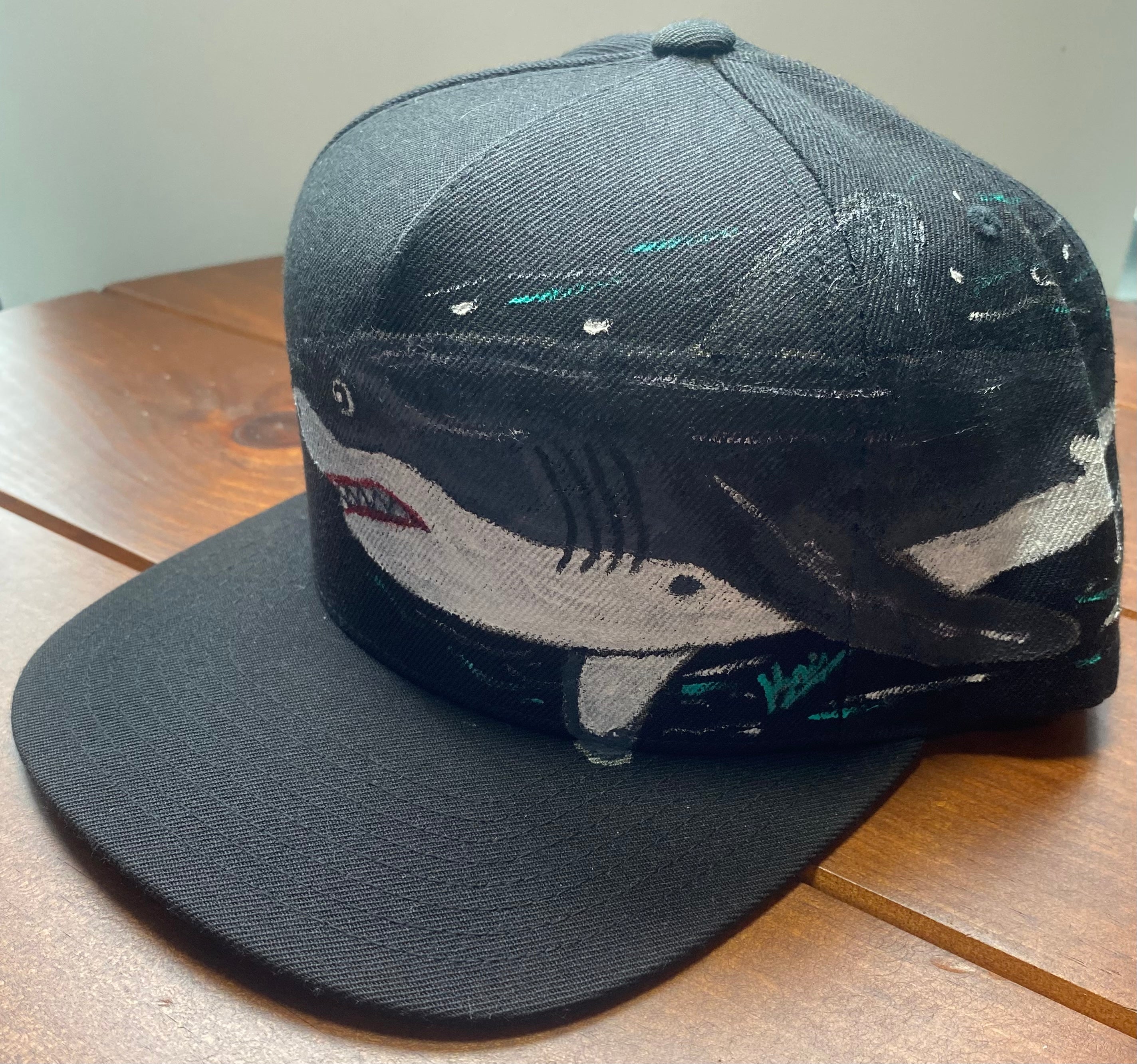 Great White Shark Hat, blue, Original Hand Painted, Snapback