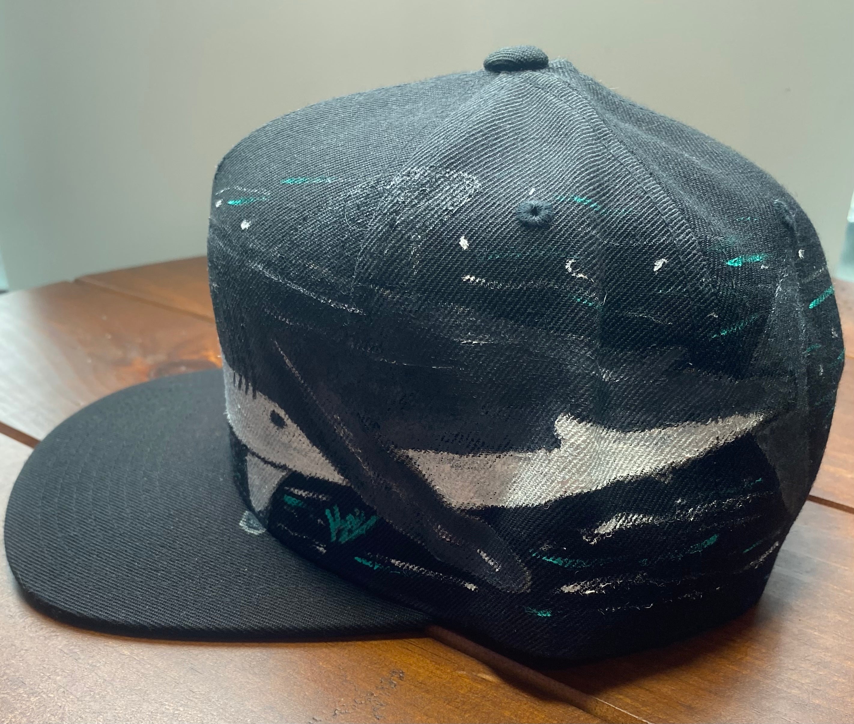 Great White Shark Hat, blue, Original Hand Painted, Snapback