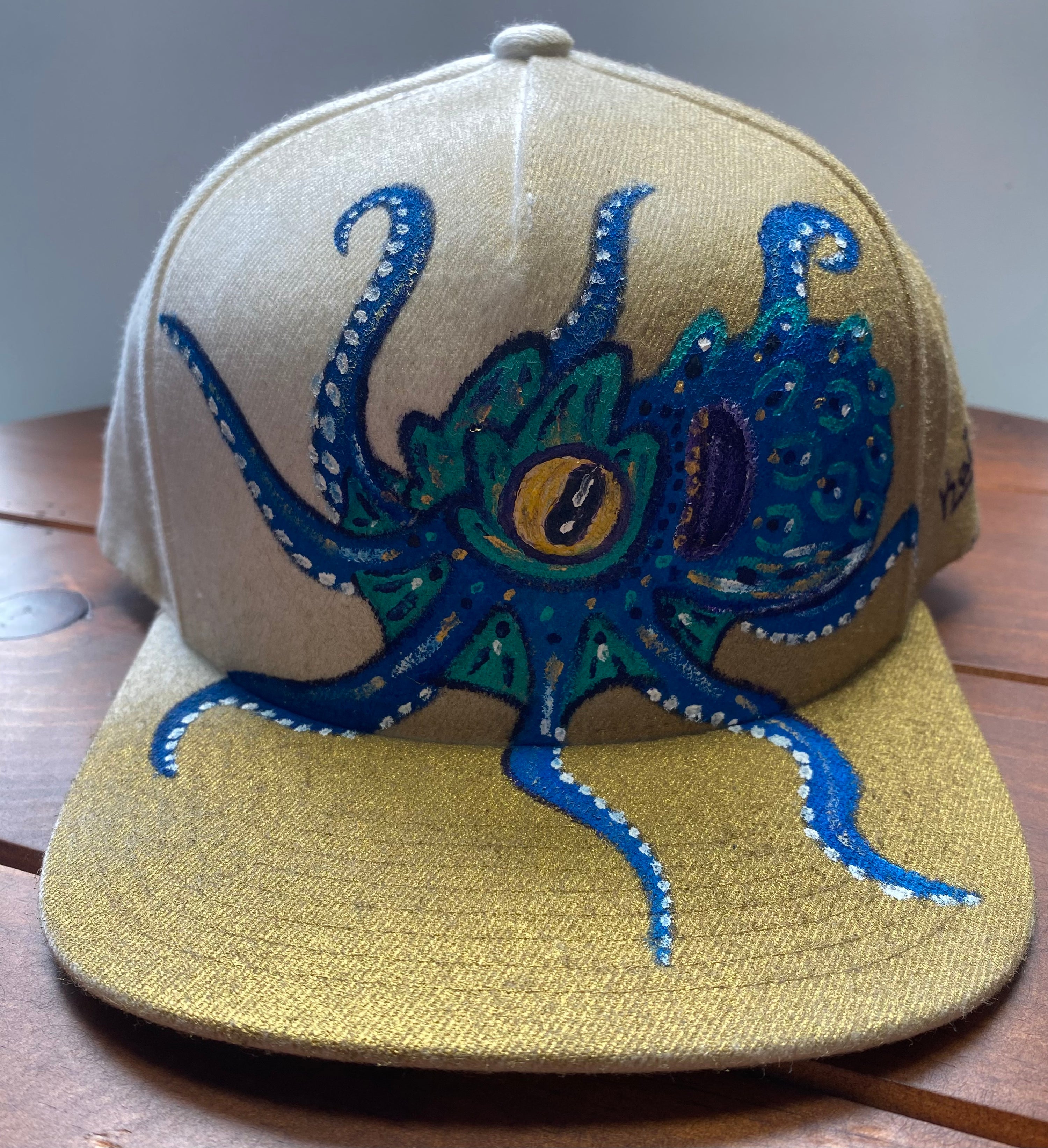 Blue octopus Hat, blue, Original Hand Painted, Snapback