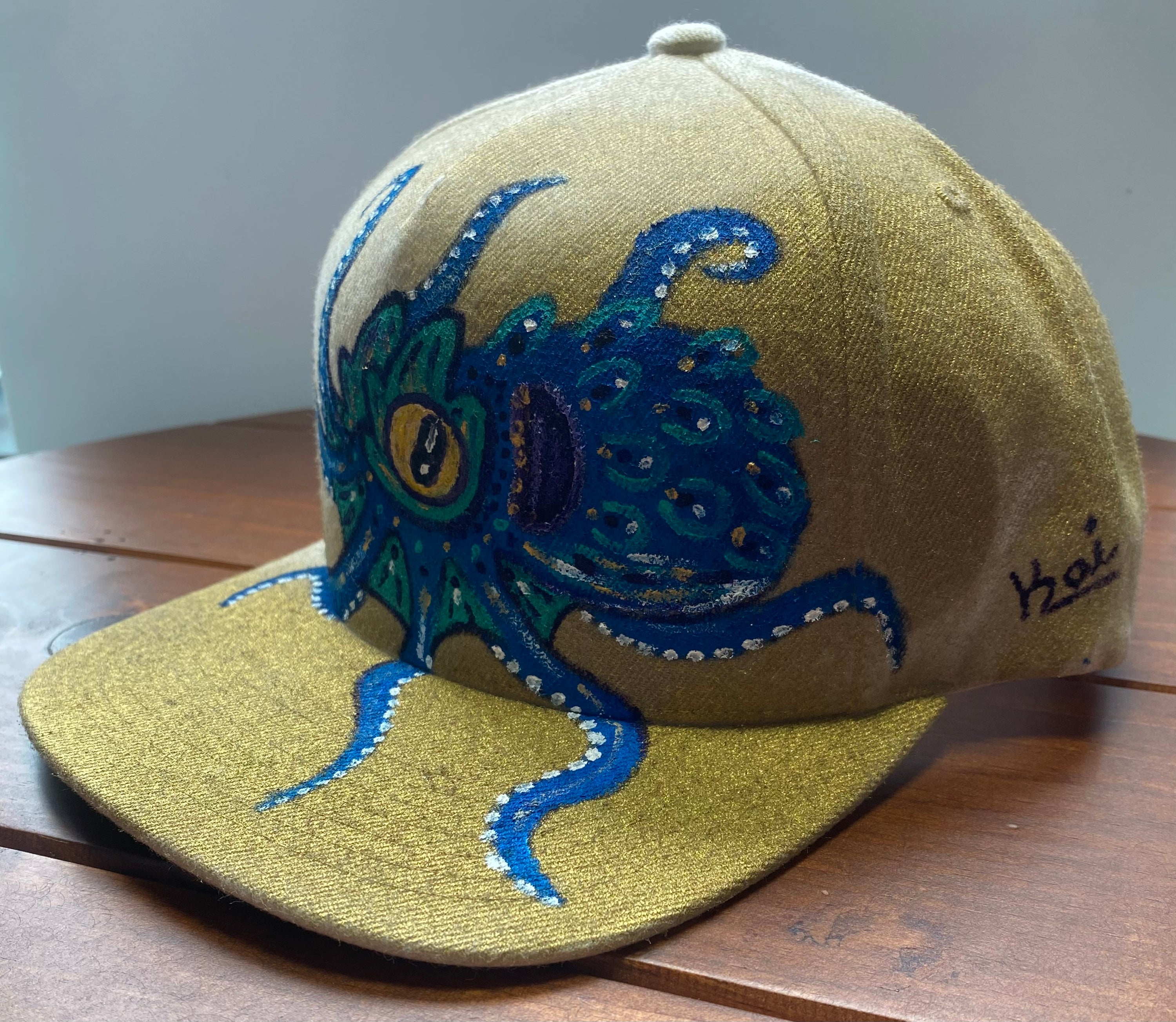 Blue octopus Hat, blue, Original Hand Painted, Snapback