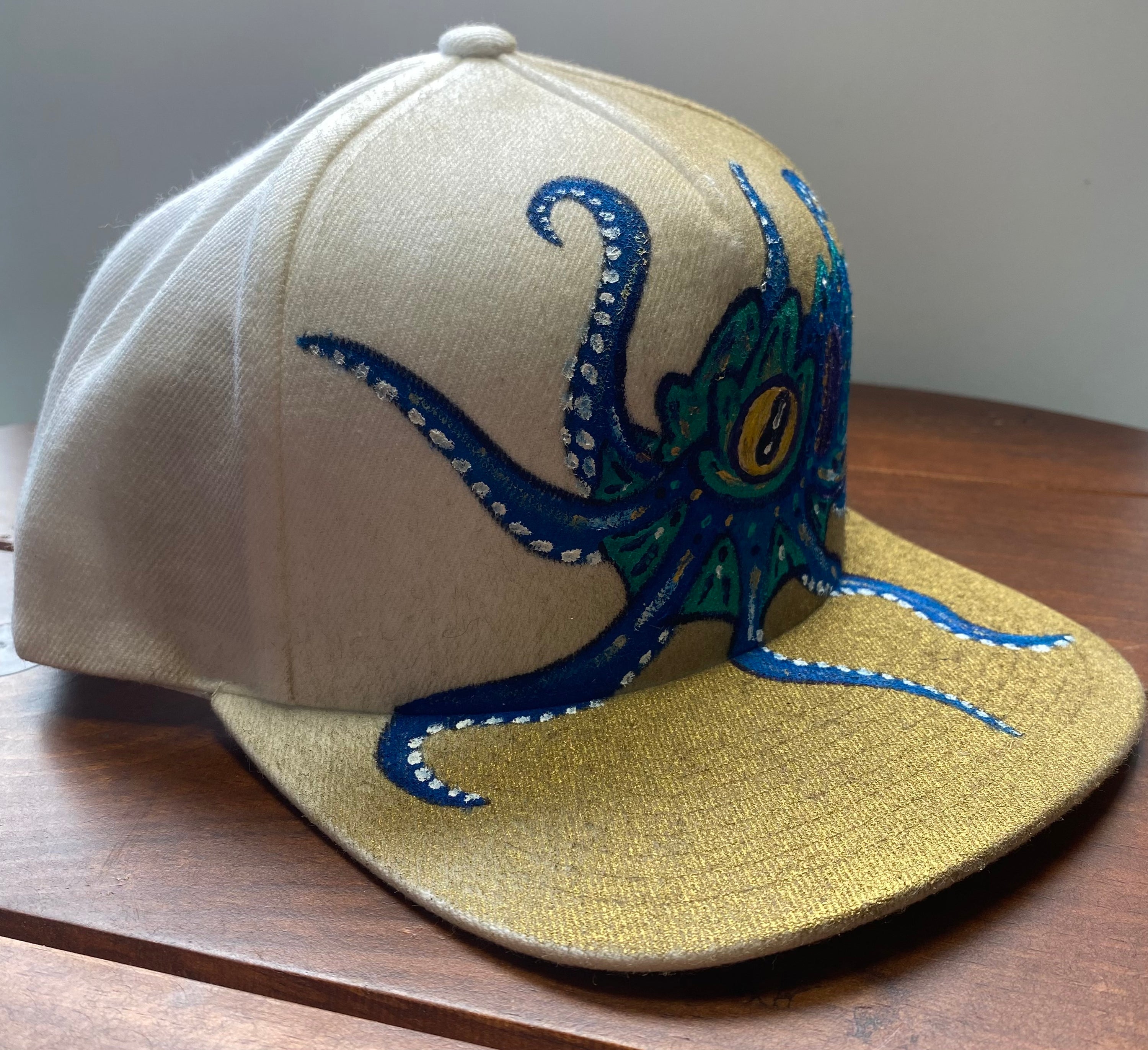 Blue octopus Hat, blue, Original Hand Painted, Snapback