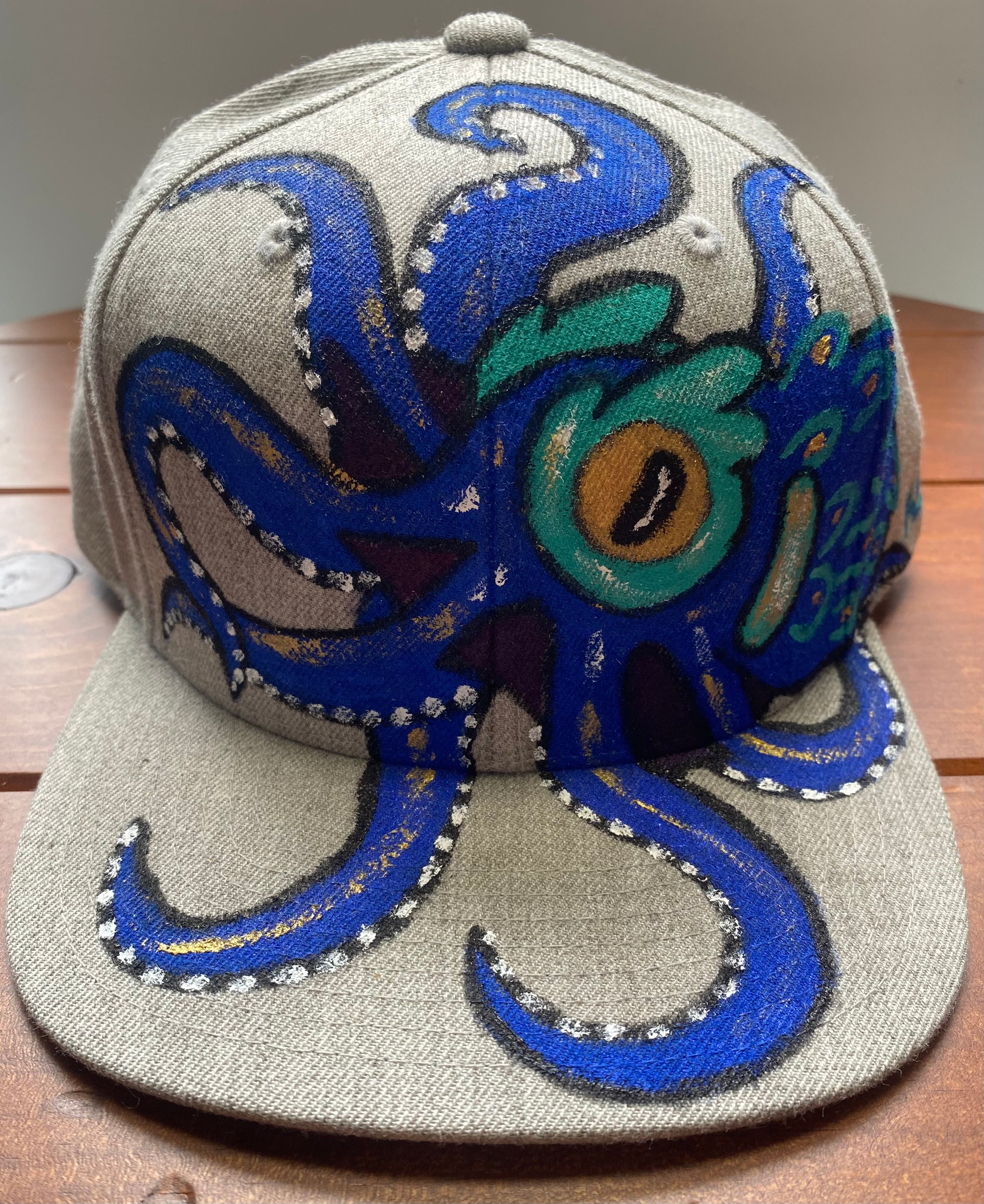 Blue Octopus Hat, Gray, Original Hand Painted, Snapback