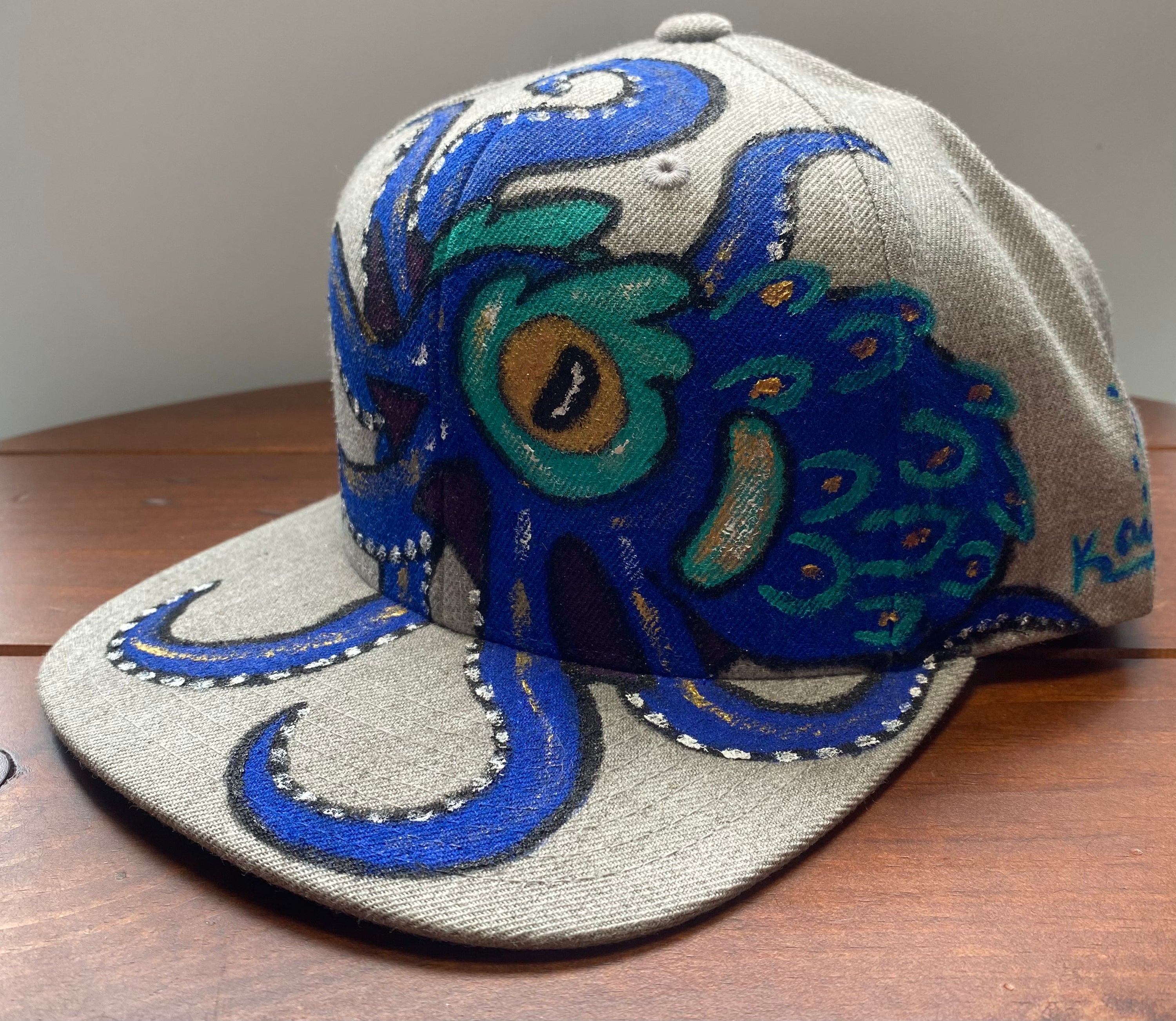 Blue Octopus Hat, Gray, Original Hand Painted, Snapback