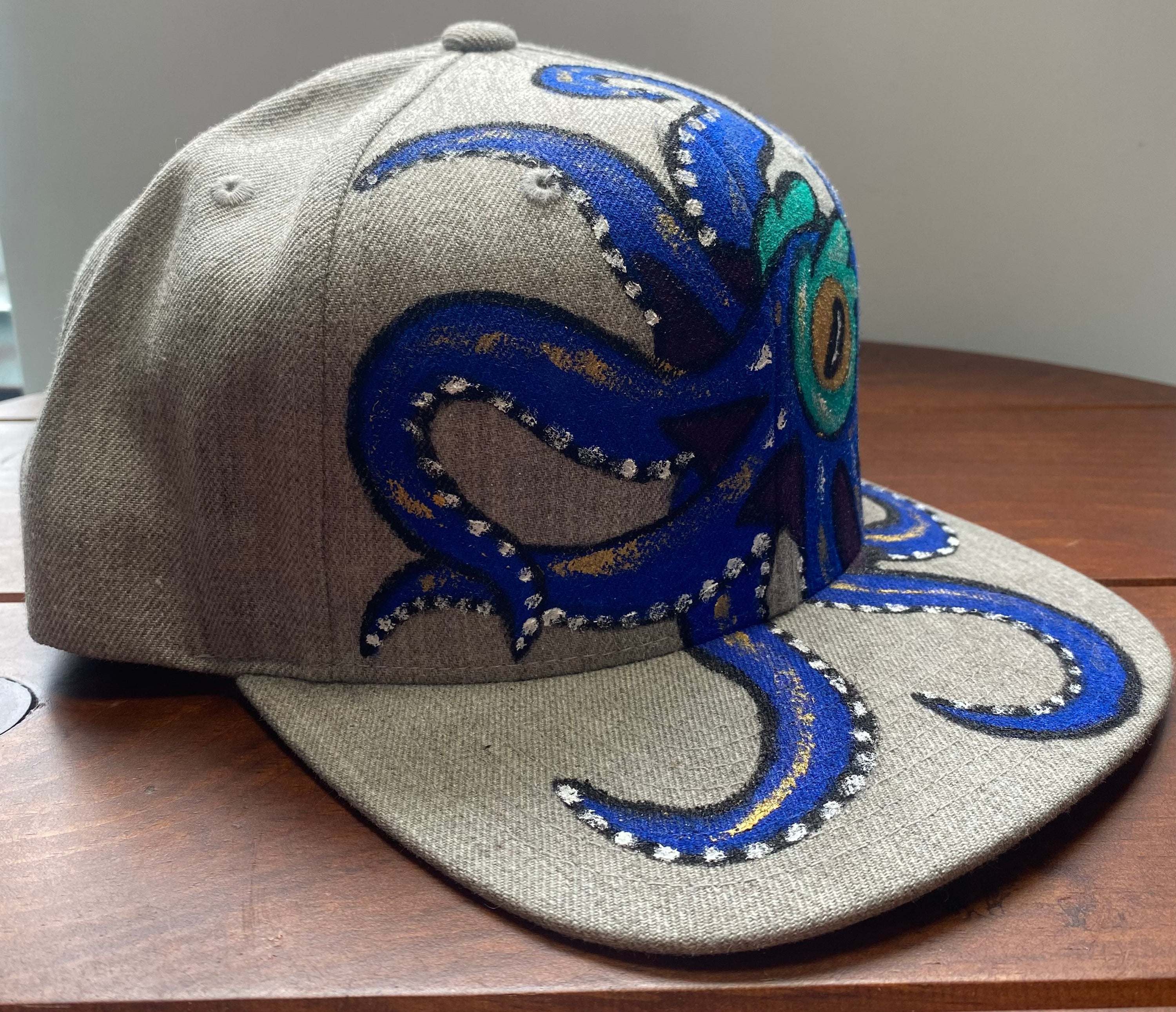 Blue Octopus Hat, Gray, Original Hand Painted, Snapback