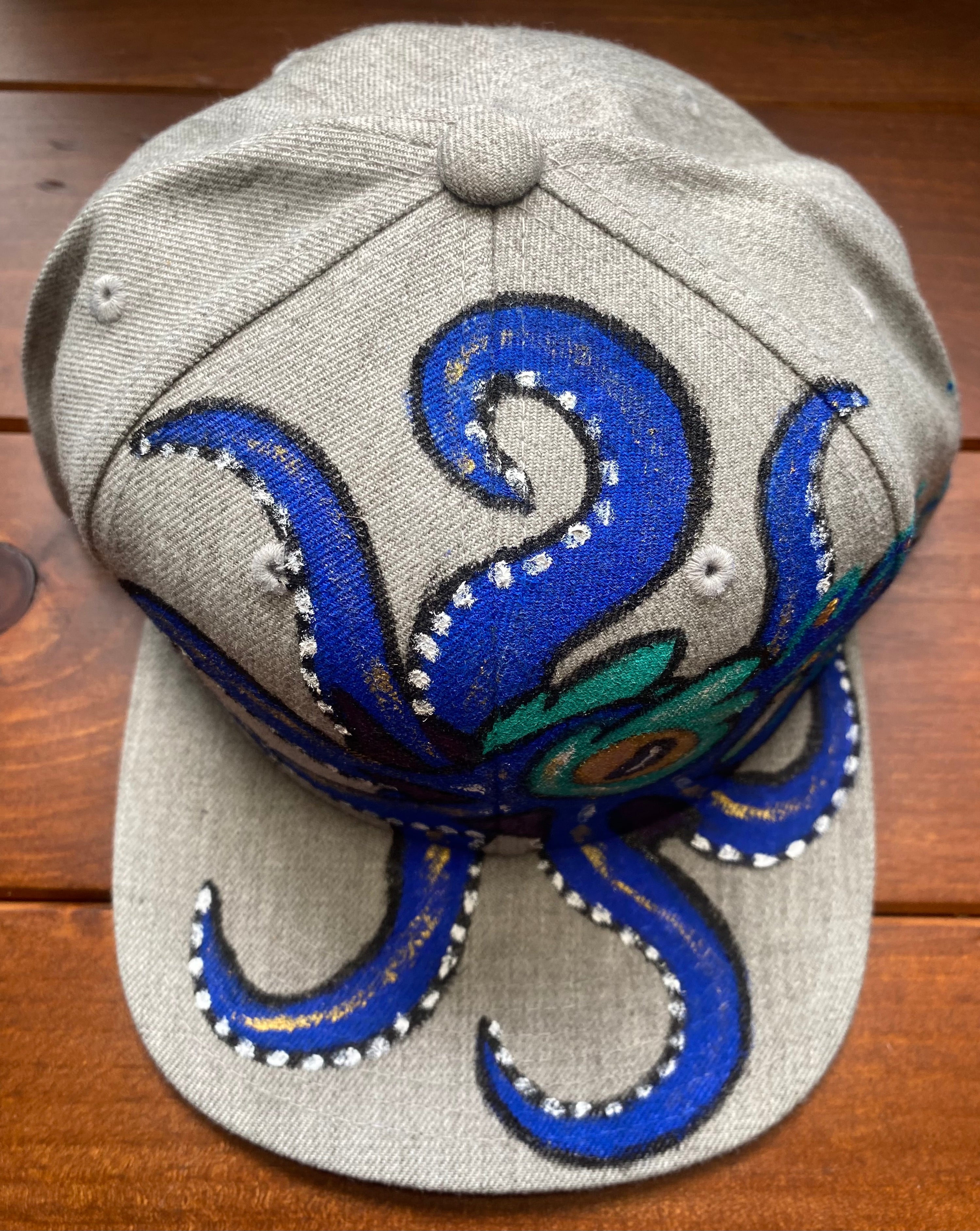 Blue Octopus Hat, Gray, Original Hand Painted, Snapback