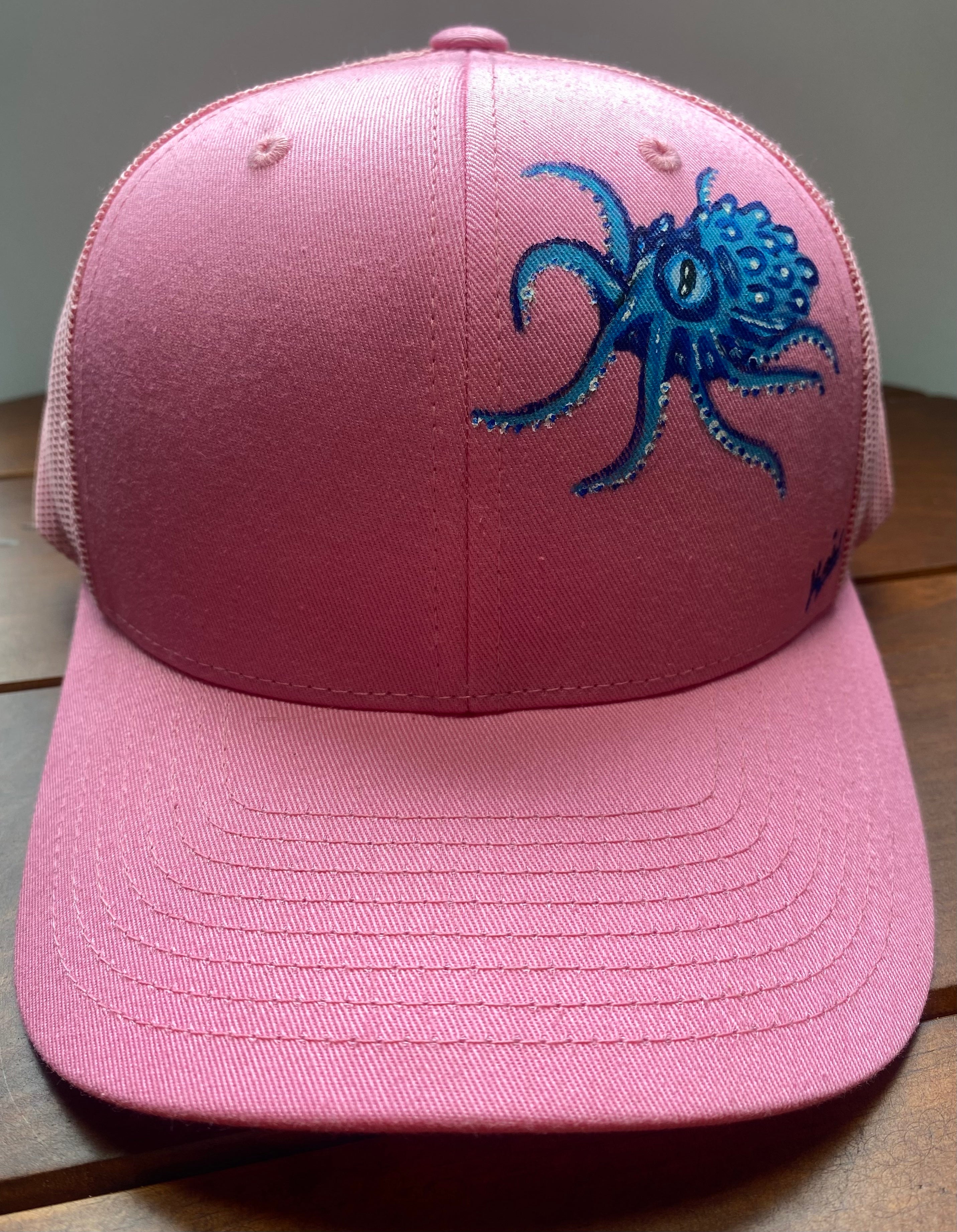Little Blue Octopus Hat, pink, Original Hand Painted, Snapback