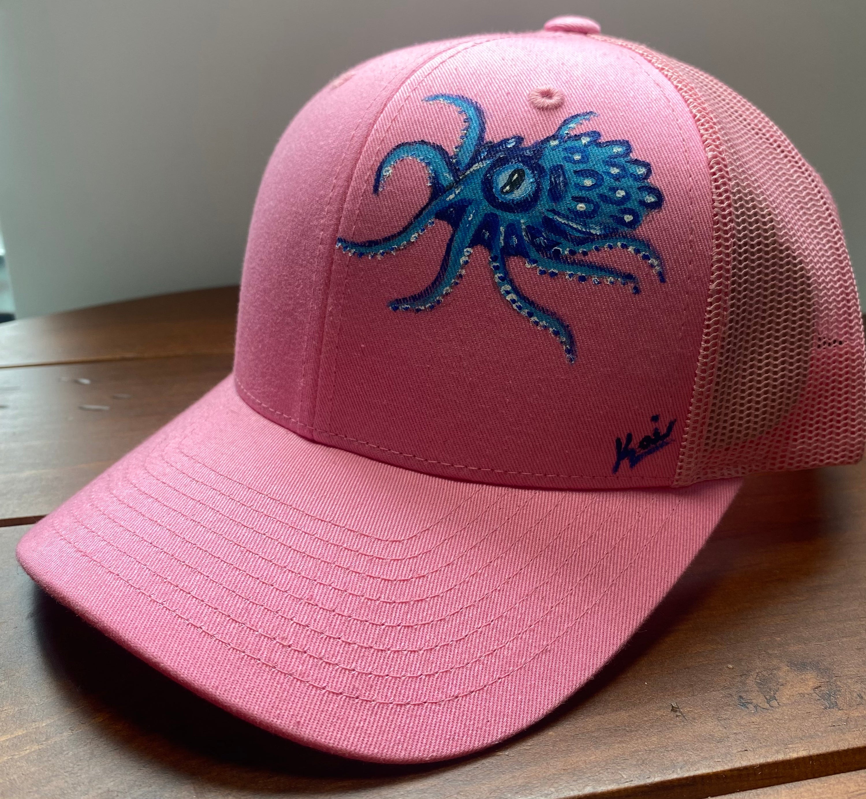 Little Blue Octopus Hat, pink, Original Hand Painted, Snapback