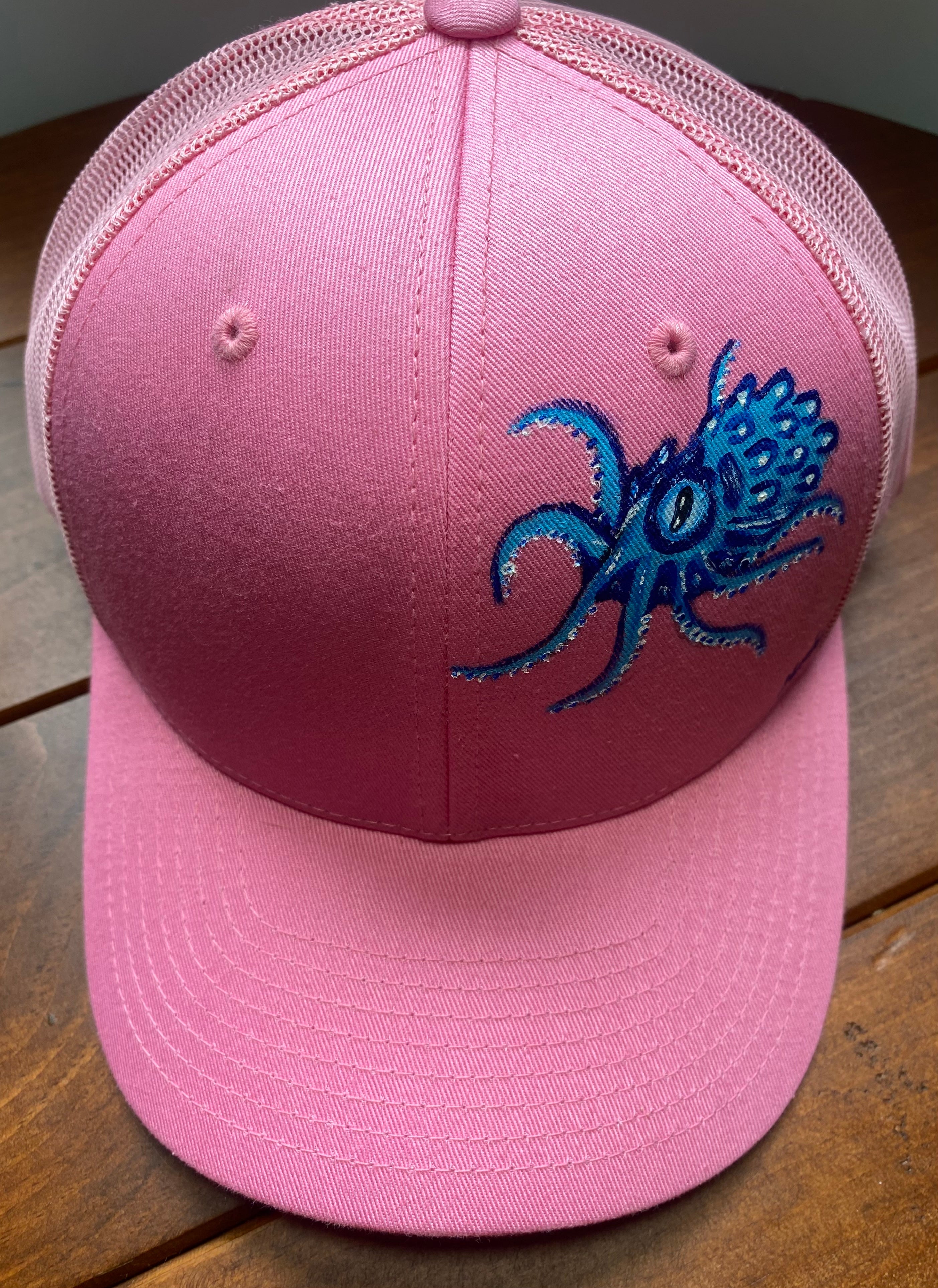 Little Blue Octopus Hat, pink, Original Hand Painted, Snapback