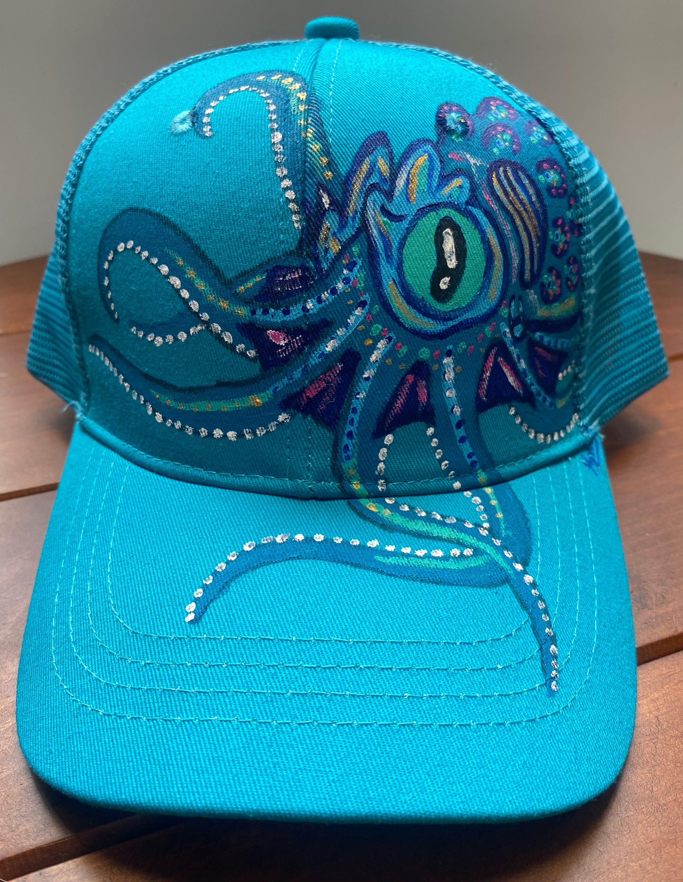 Blue Octopus Hat, blue, Original Hand Painted, Snapback