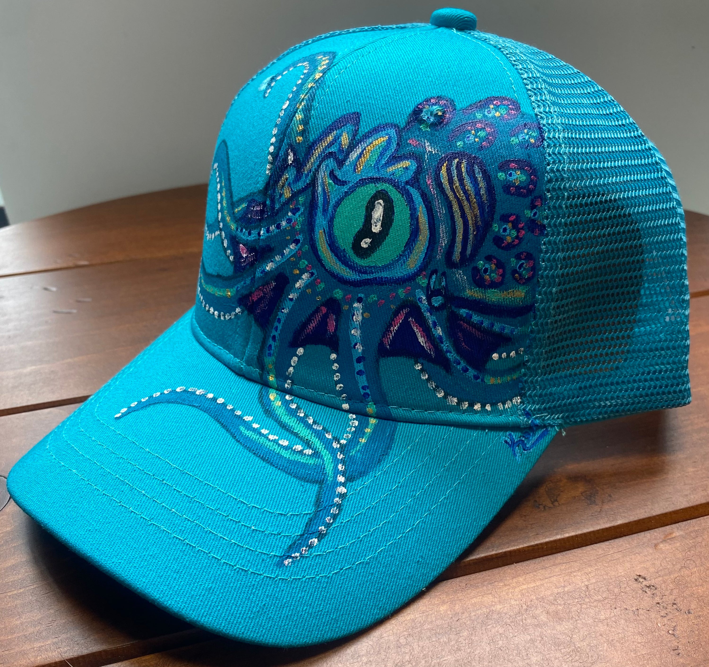 Blue Octopus Hat, blue, Original Hand Painted, Snapback