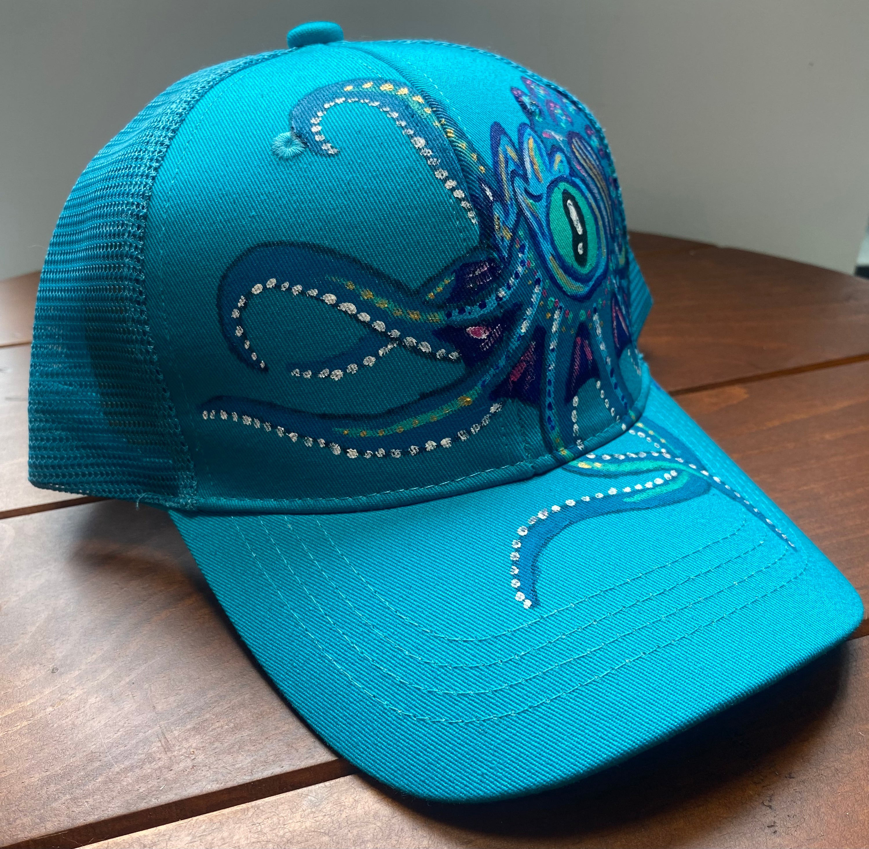Blue Octopus Hat, blue, Original Hand Painted, Snapback