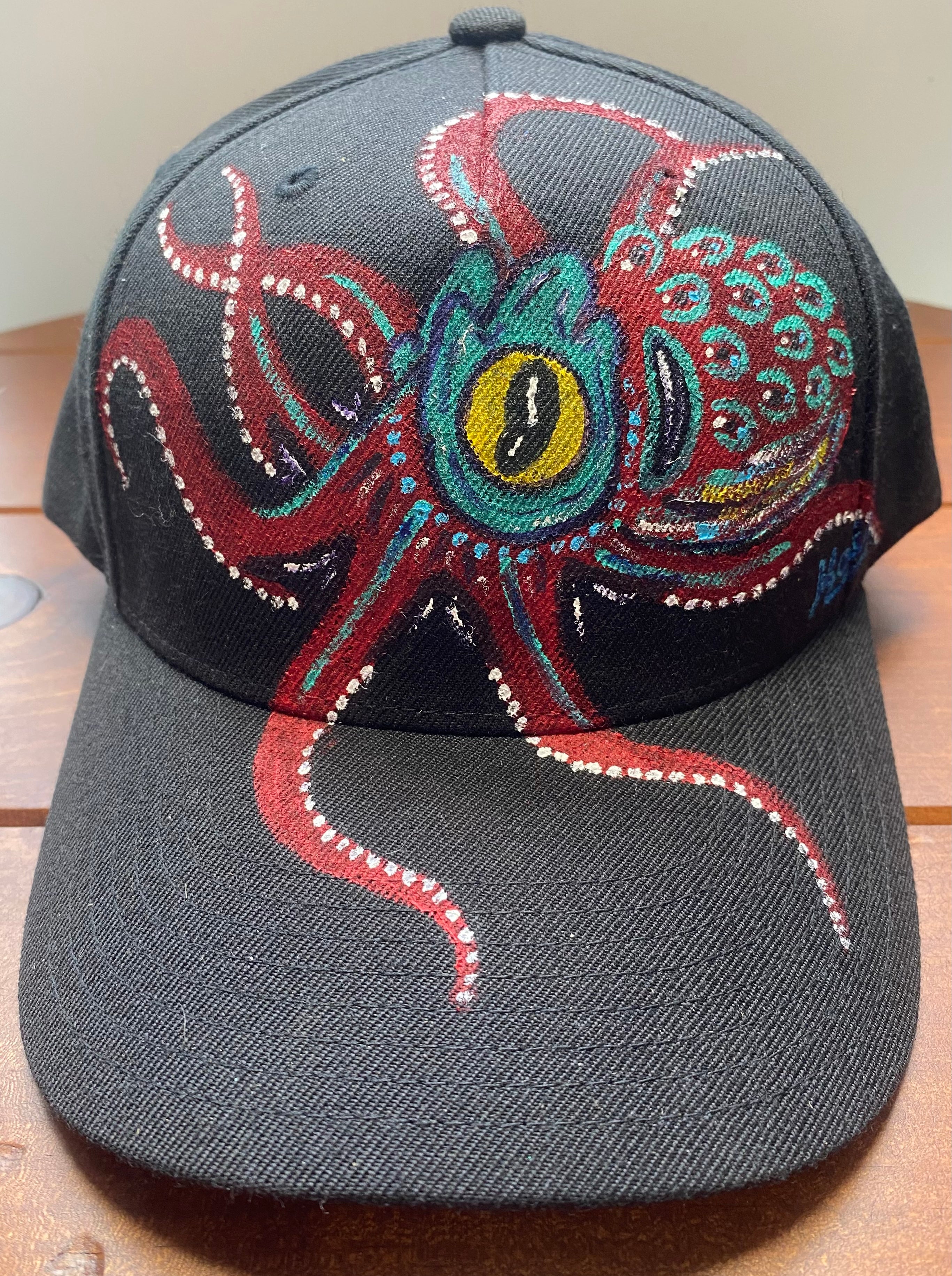 Red Octopus Hat, black, Original Hand Painted, Snapback