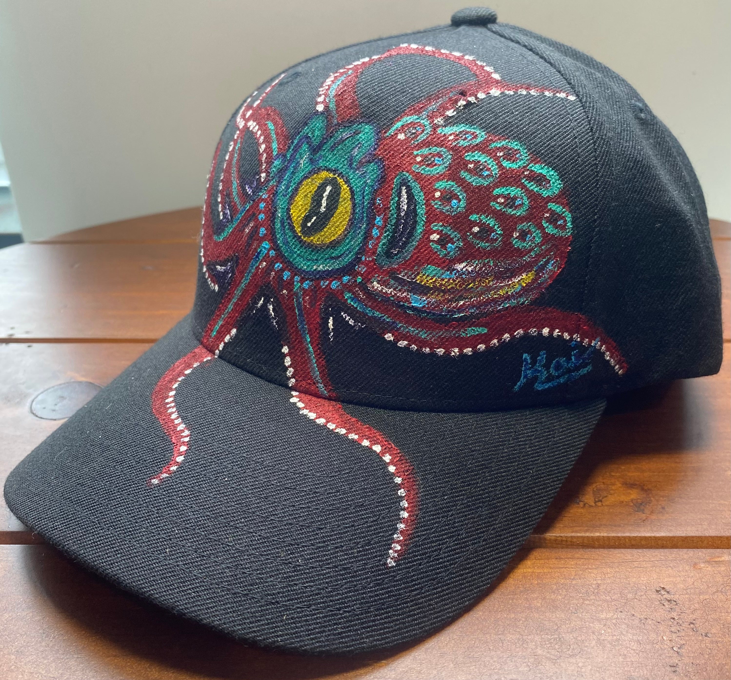 Red Octopus Hat, black, Original Hand Painted, Snapback