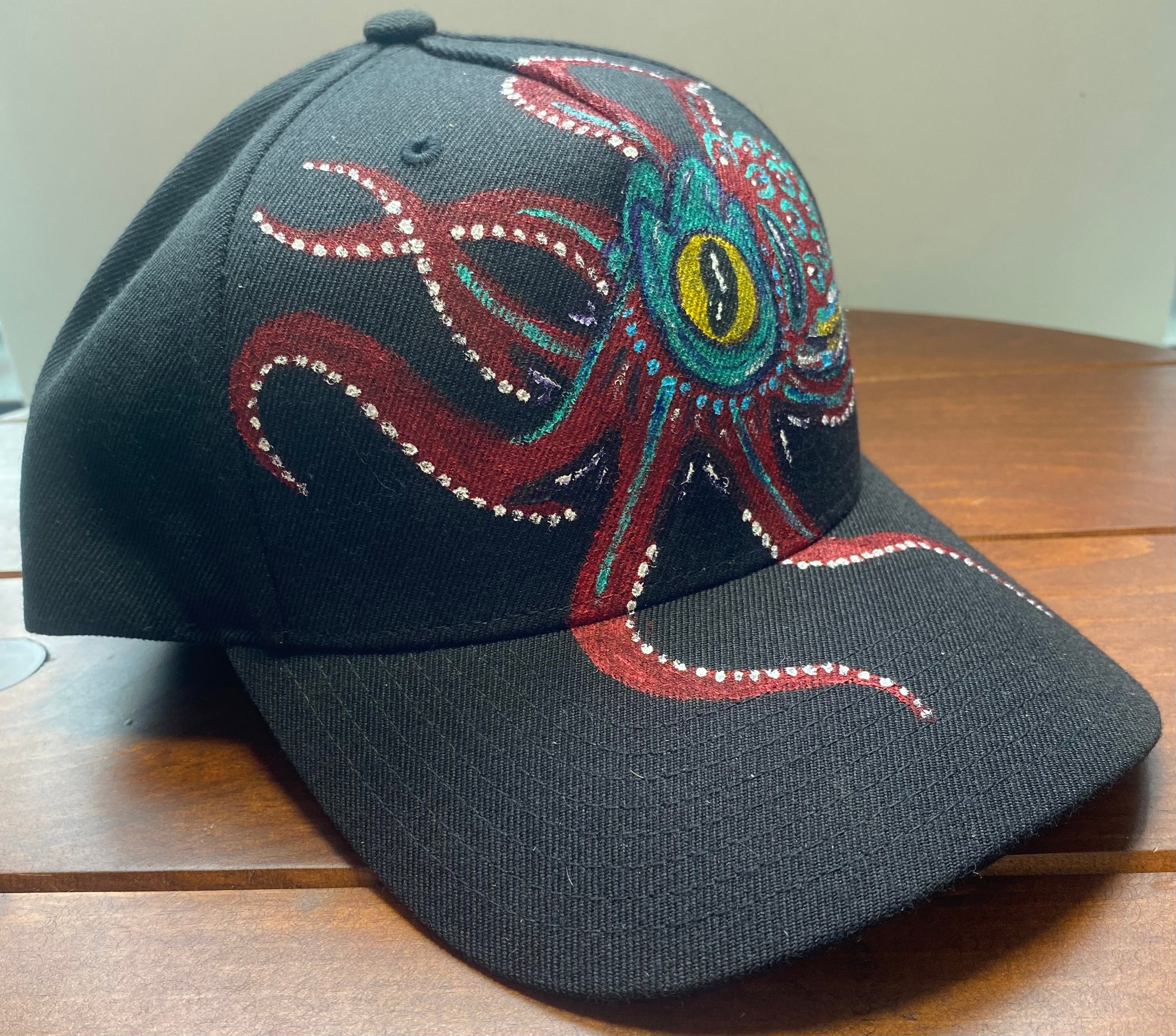 Red Octopus Hat, black, Original Hand Painted, Snapback