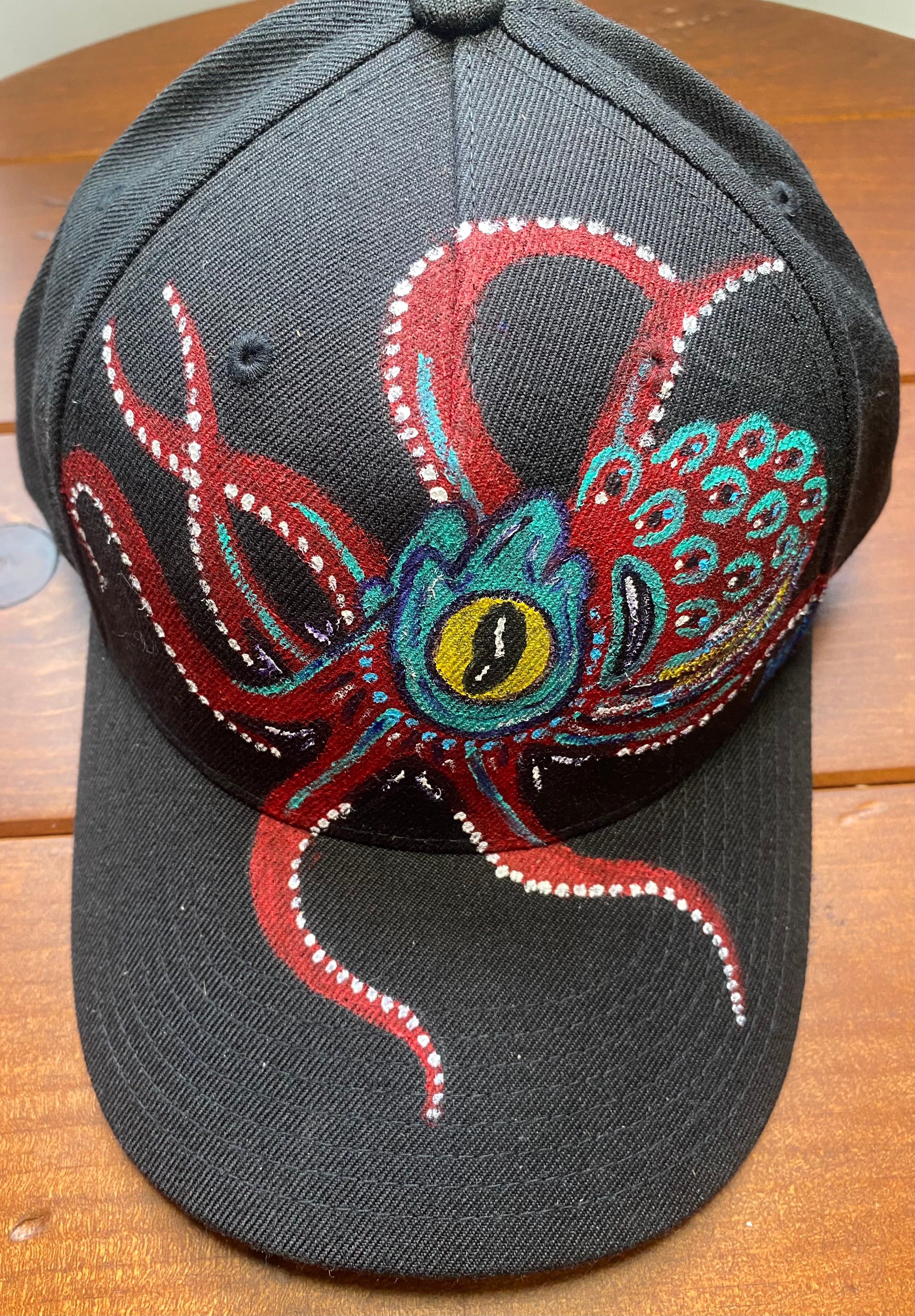 Red Octopus Hat, black, Original Hand Painted, Snapback