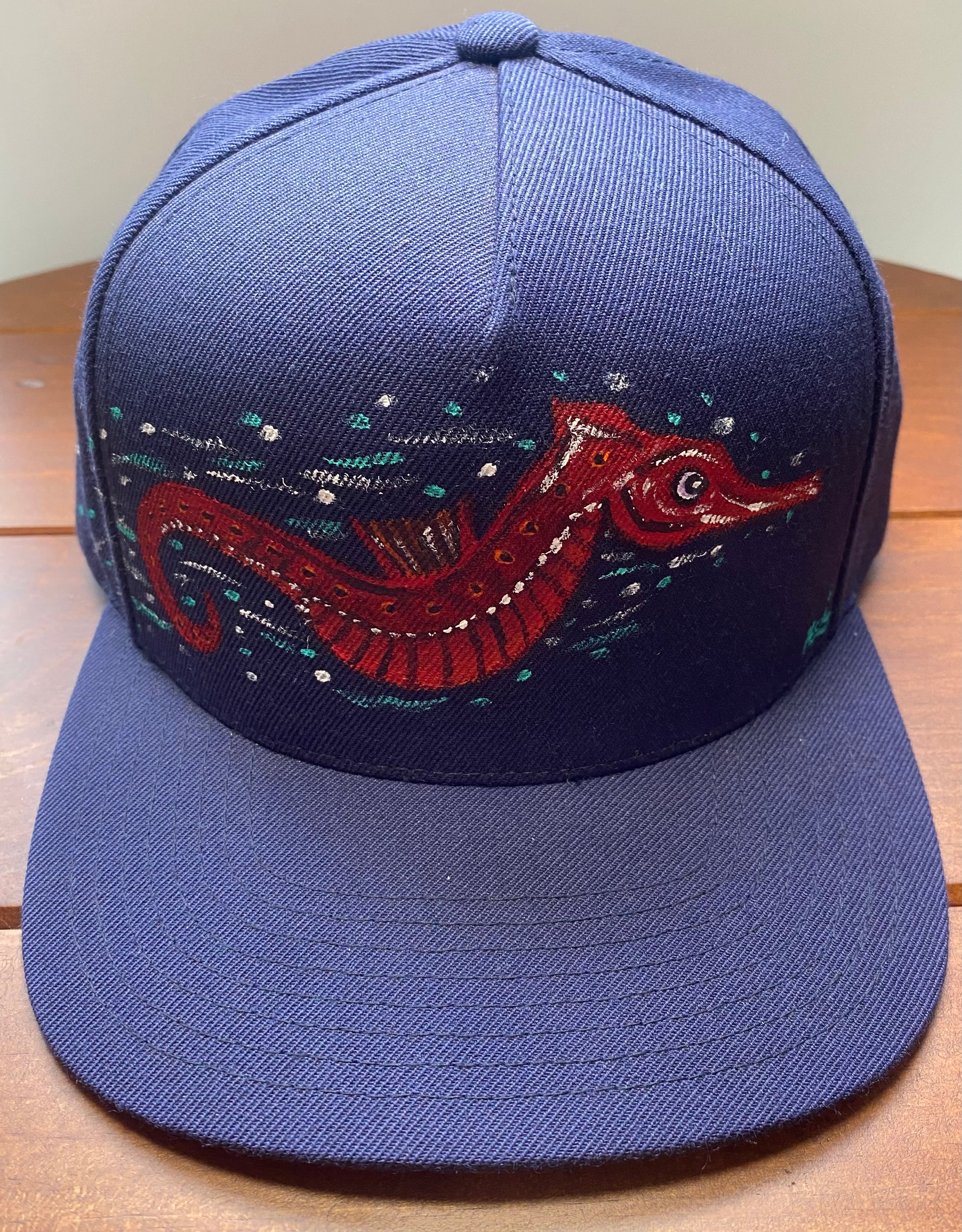 Little Red Seahorse Hat, black, Original Hand Painted, Snapback