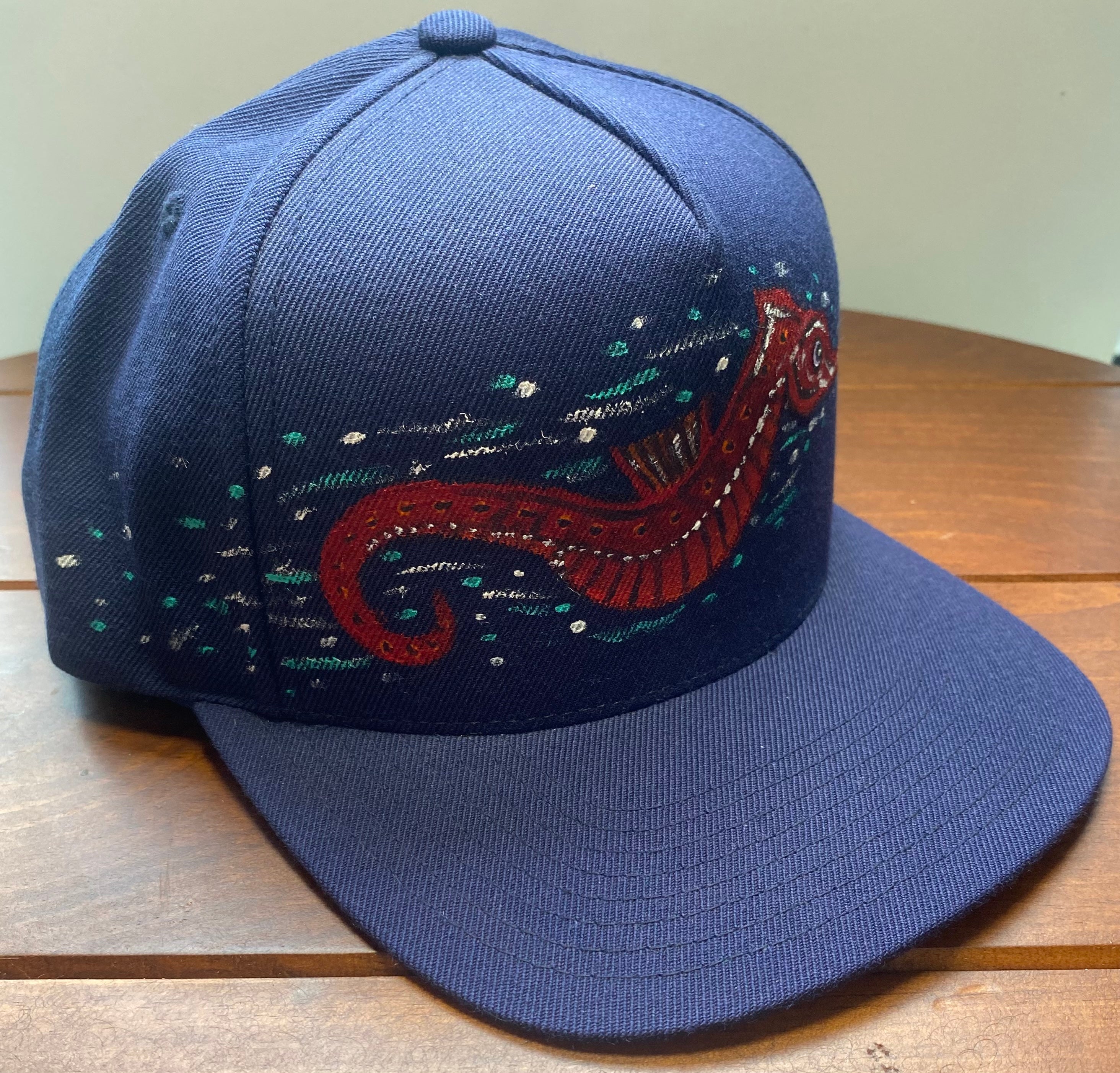 Little Red Seahorse Hat, black, Original Hand Painted, Snapback