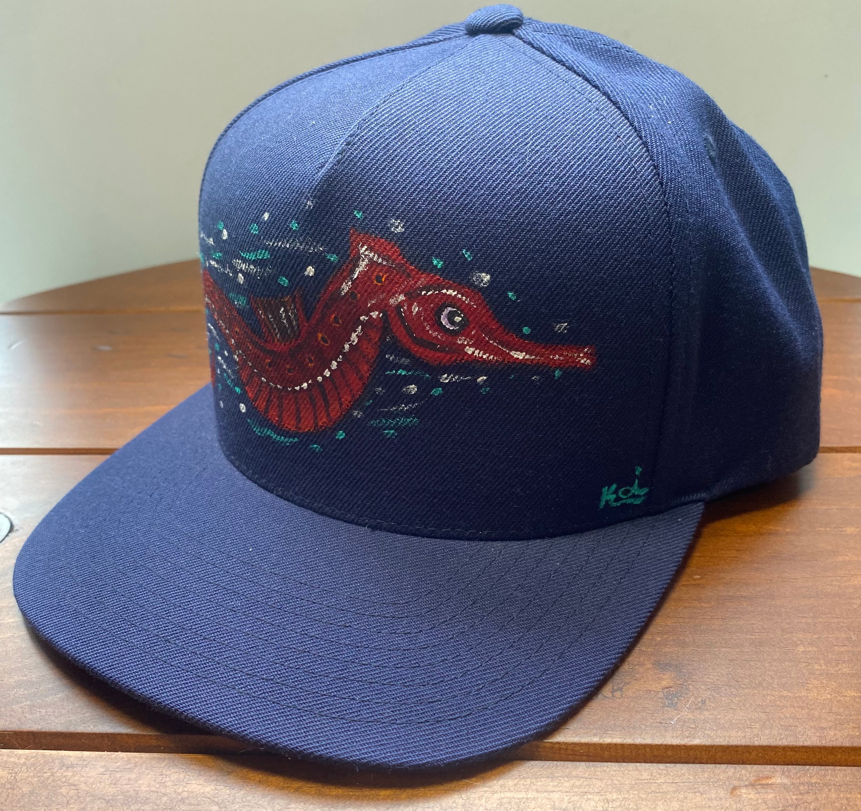 Little Red Seahorse Hat, black, Original Hand Painted, Snapback