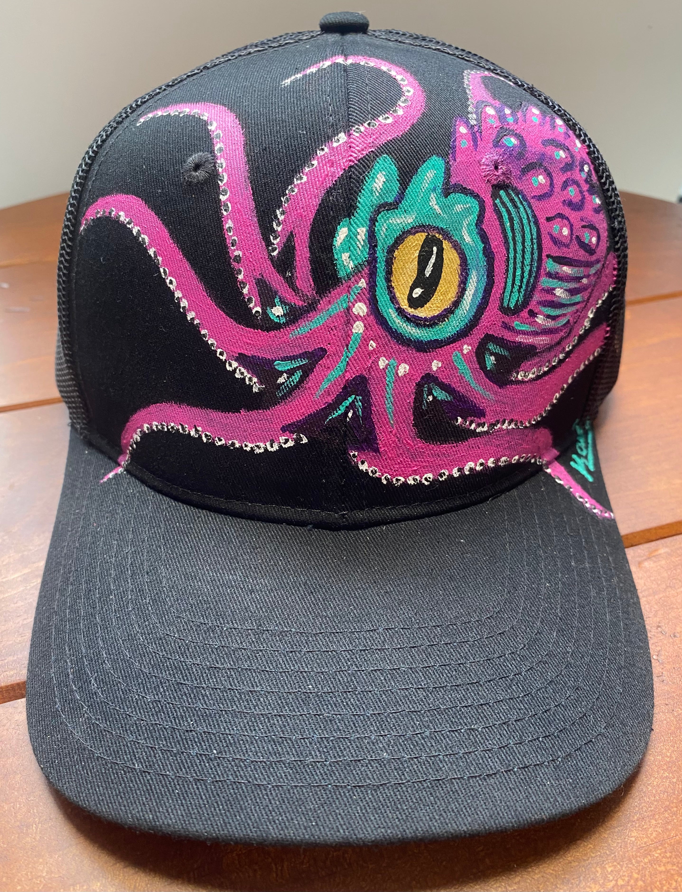 Pink Octopus Hat, black, Original Hand Painted, Snapback