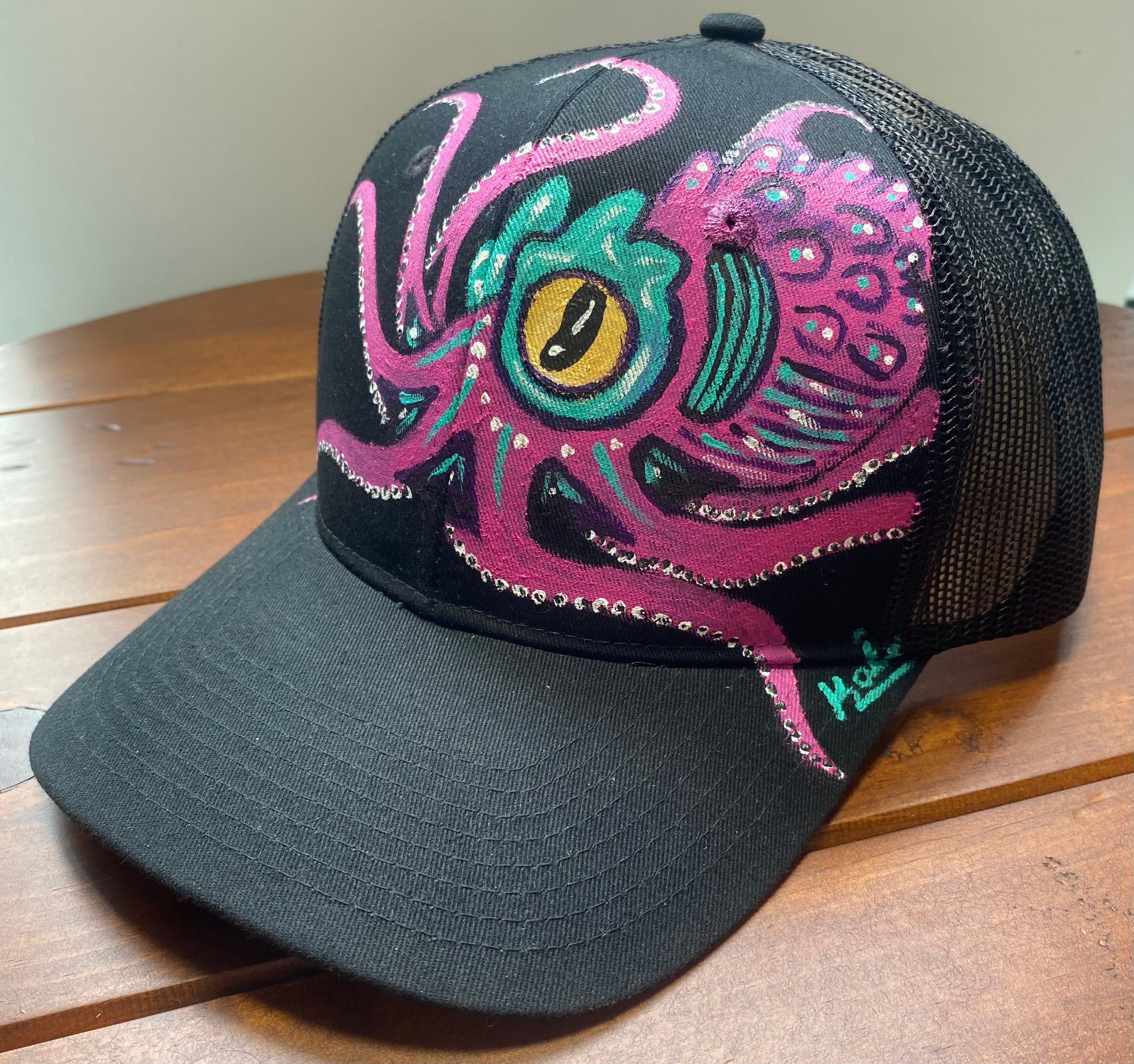 Pink Octopus Hat, black, Original Hand Painted, Snapback