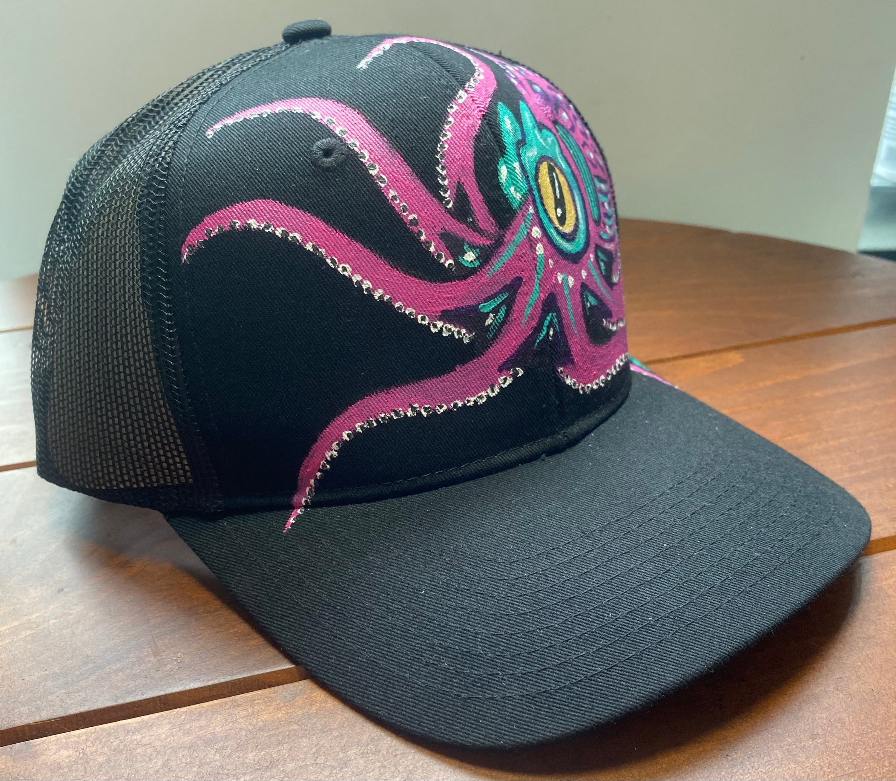 Pink Octopus Hat, black, Original Hand Painted, Snapback