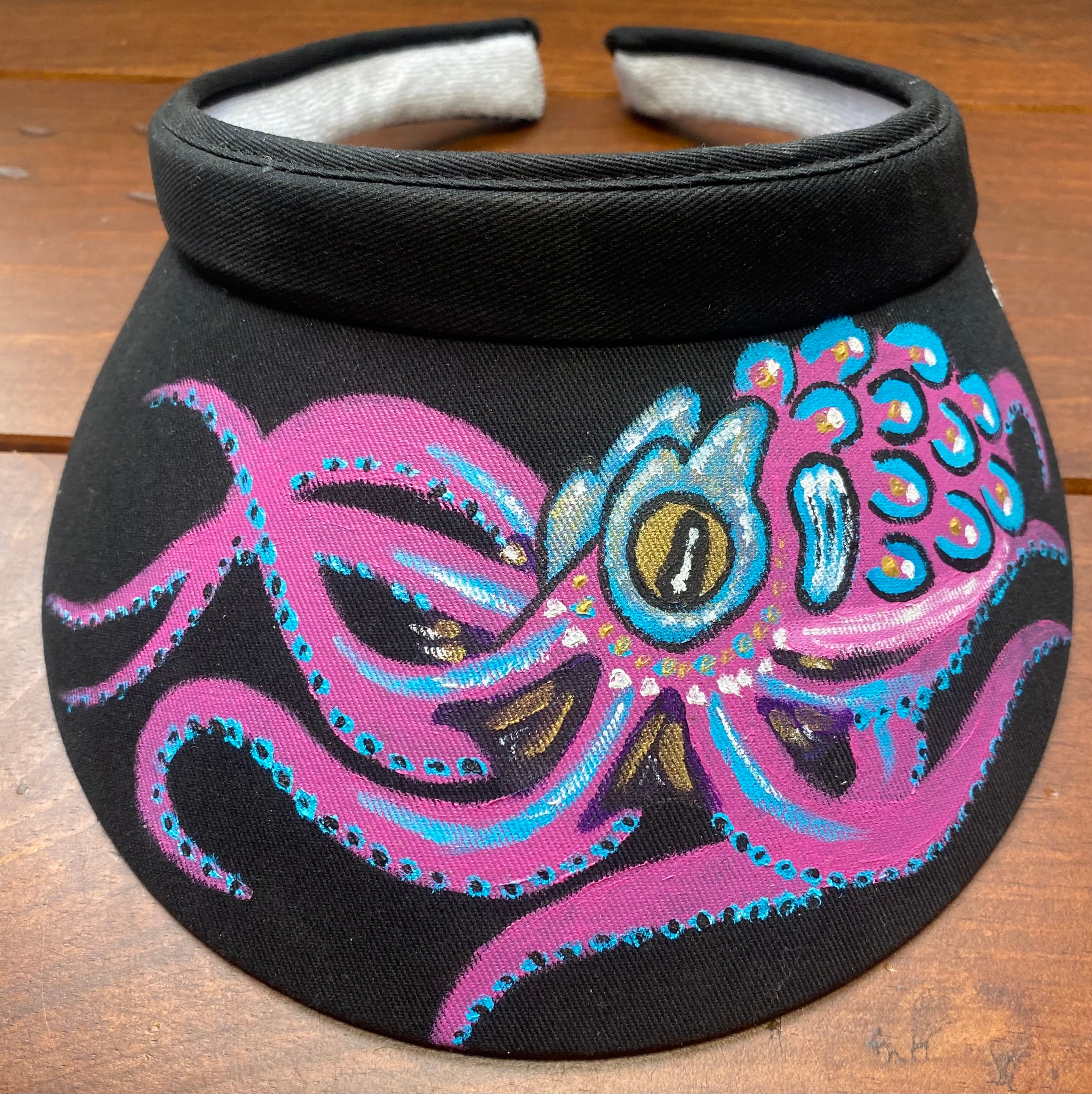 Pink Octopus Hat, black, Original Hand Painted, Visor
