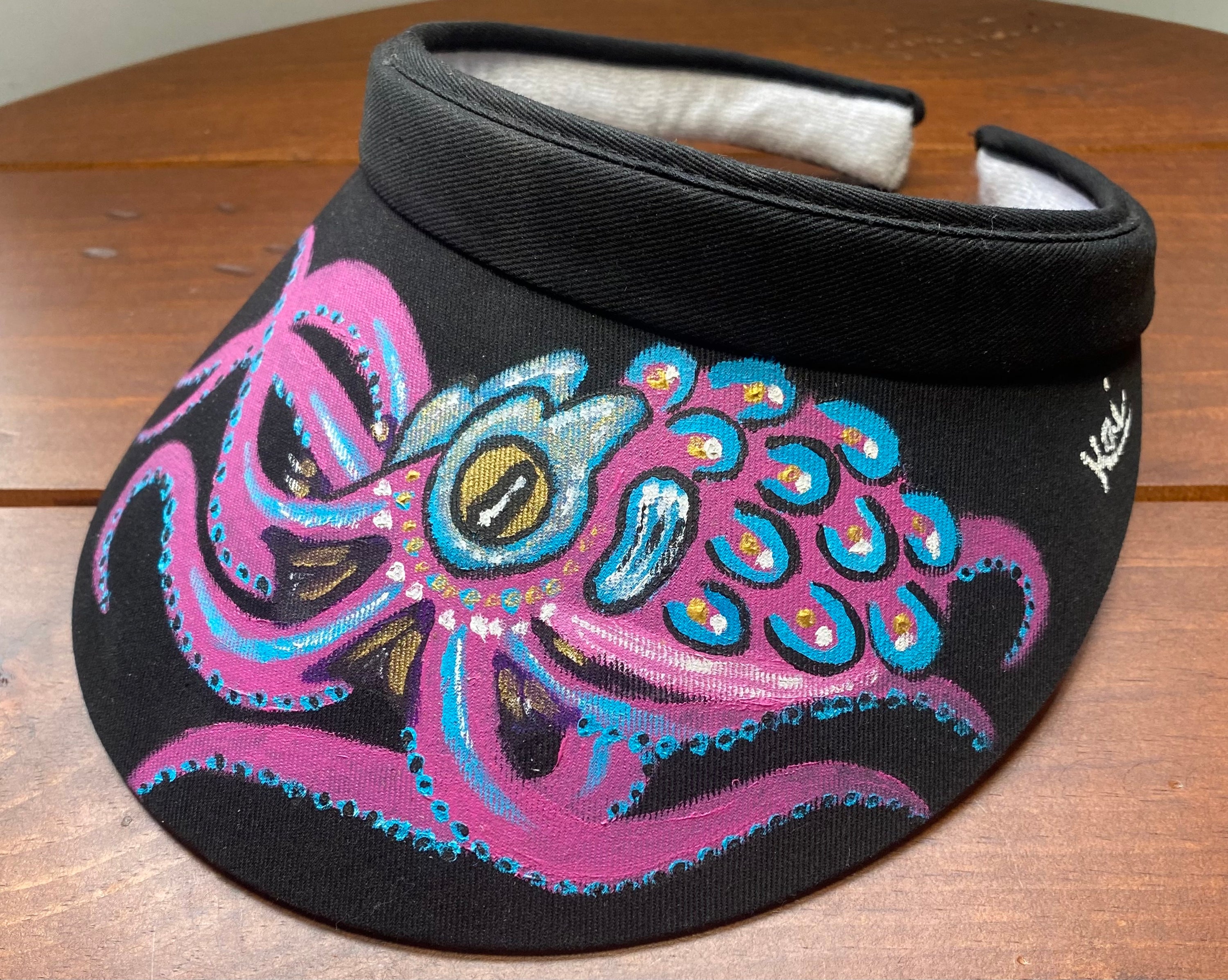 Pink Octopus Hat, black, Original Hand Painted, Visor