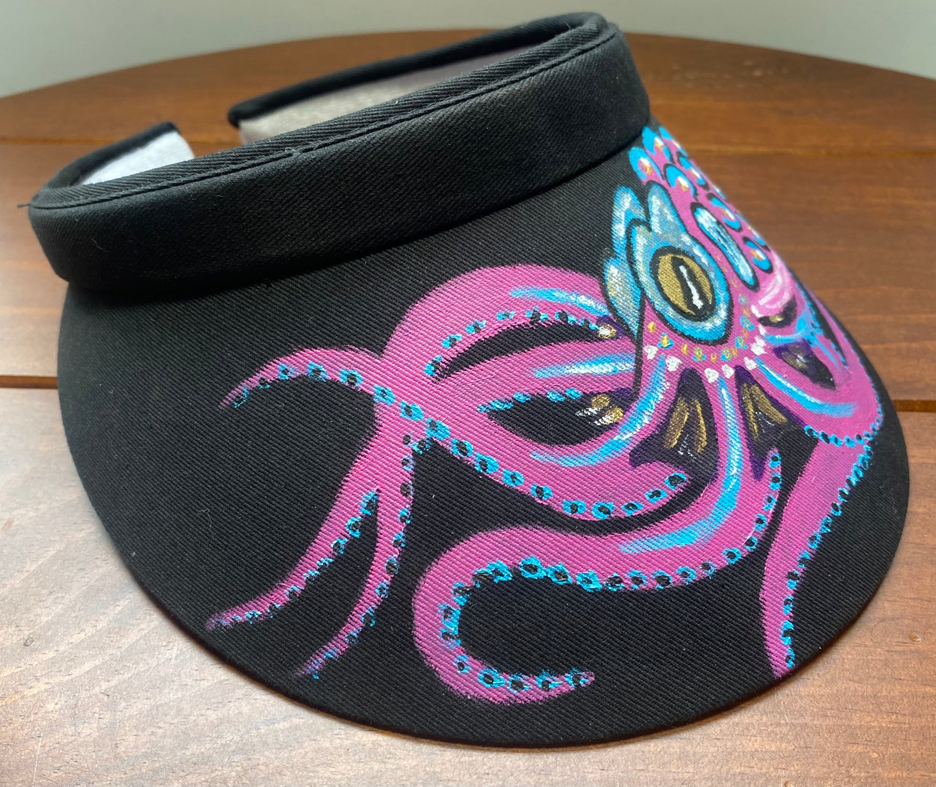 Pink Octopus Hat, black, Original Hand Painted, Visor